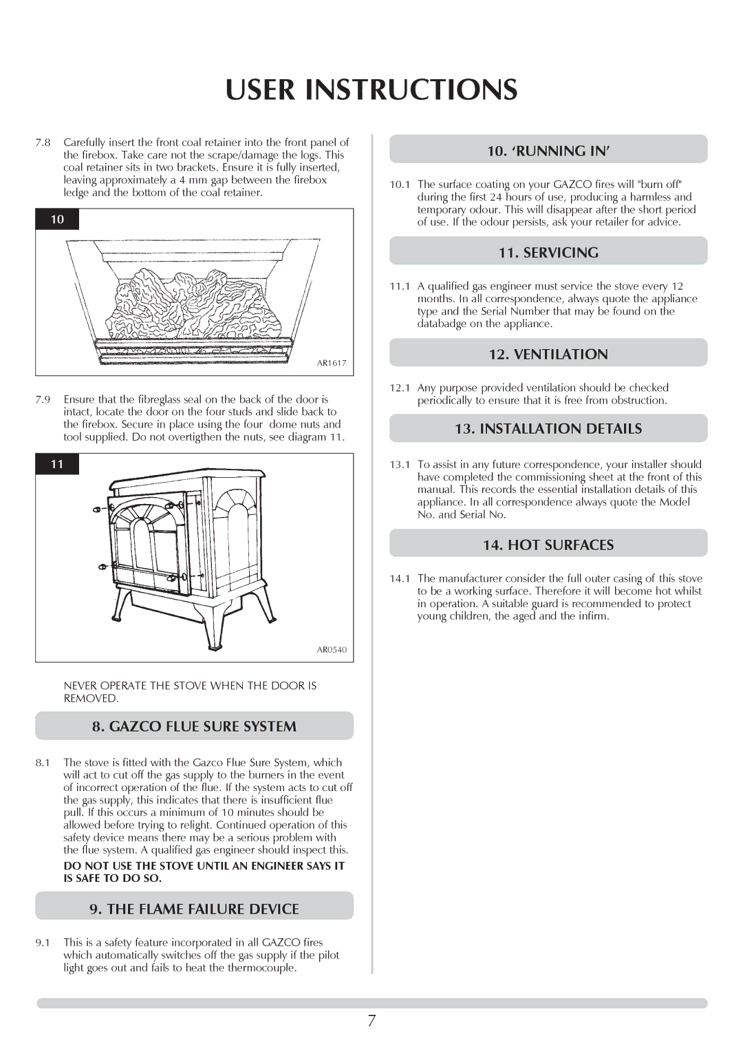 Stovax 705088 Gazco Flue Sure System, Flame Failure Device, 10. ‘RUNNING IN’, Servicing, Ventilation, Installation Details 