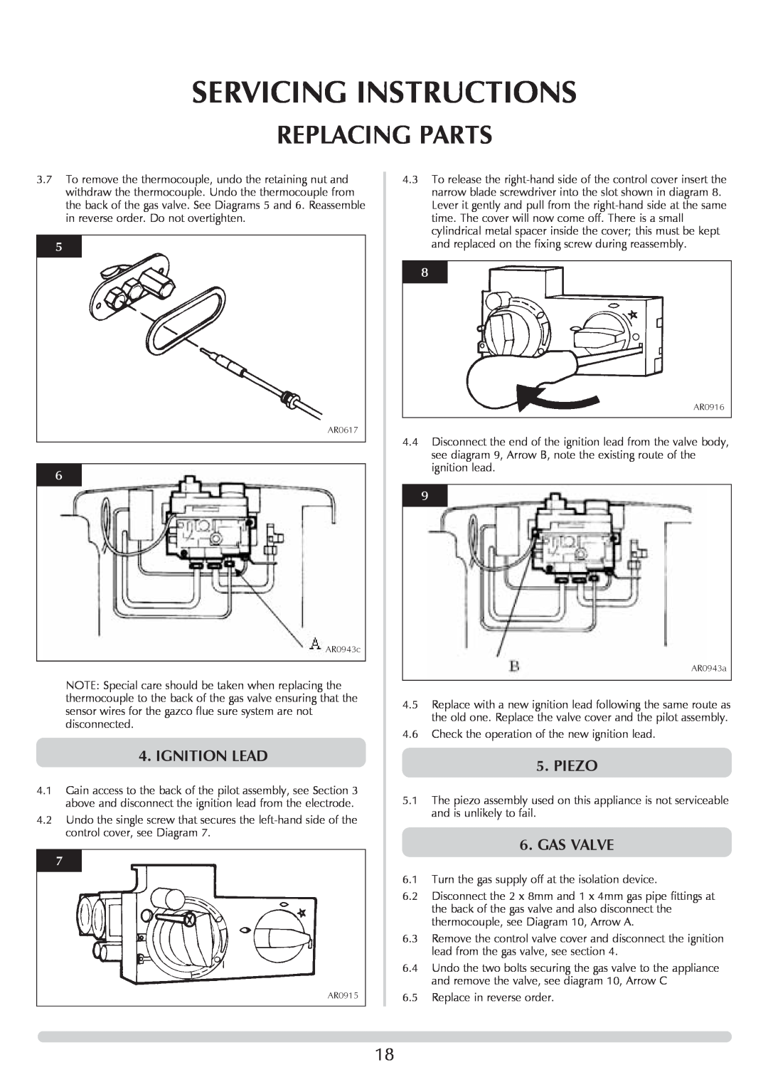 Stovax 705088 manual Servicing Instructions, Replacing Parts, Ignition Lead, Piezo, Gas Valve 