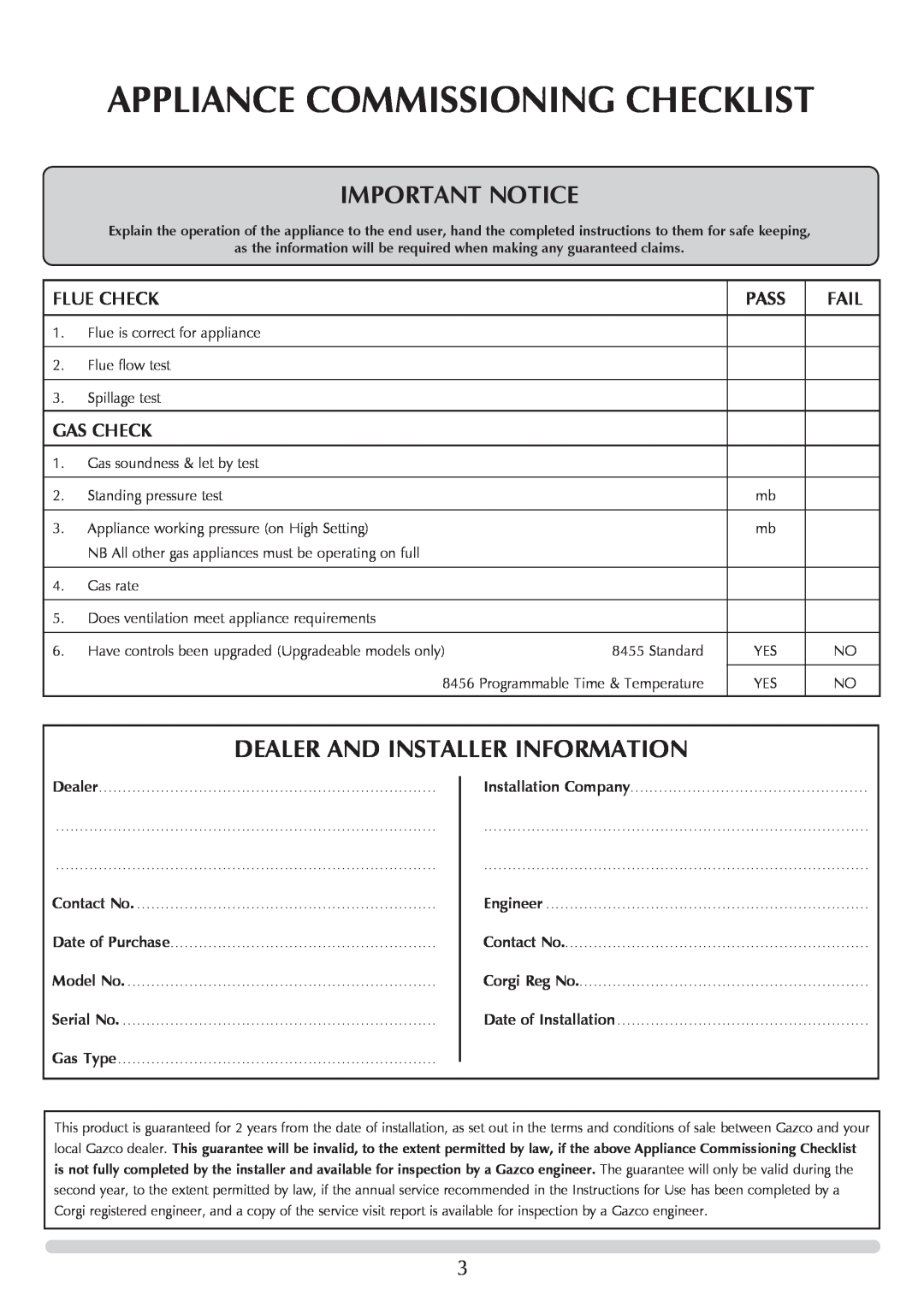 Stovax 705088 Appliance Commissioning Checklist, Important Notice, Dealer And Installer Information, Flue Check, Pass 