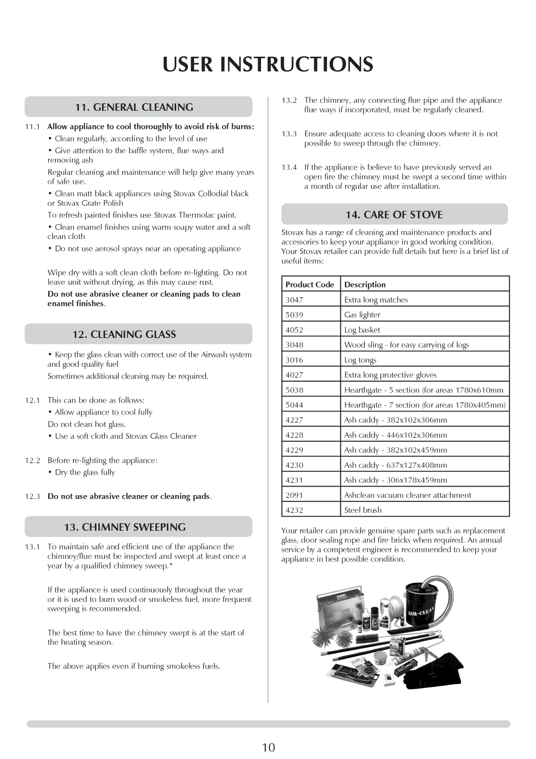 Stovax 7051Bl, 7053lG, 7008lG, 7008Bl, 7053Bl, 7051lG General Cleaning, Cleaning Glass, Chimney Sweeping, Care of stove 