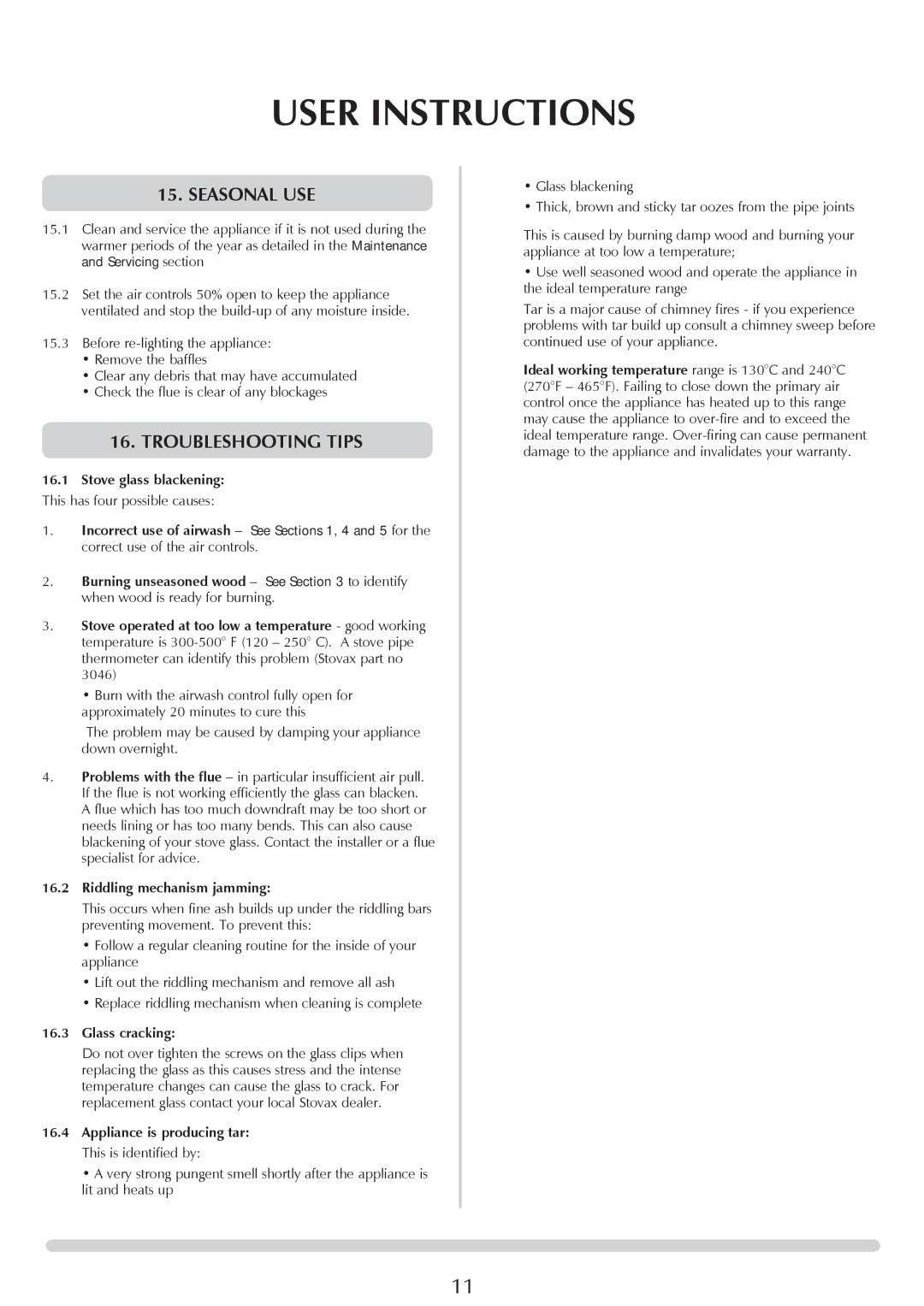 Stovax 7053lG, 7051Bl, 7008lG, 7008Bl, 7053Bl Seasonal use, Troubleshooting tips, Riddling mechanism jamming, Glass cracking 