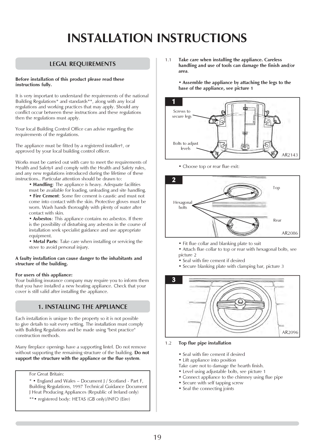 Stovax 7051Bl, 7008 Installation Instructions, Legal requirements, Installing the Appliance, Top flue pipe installation 