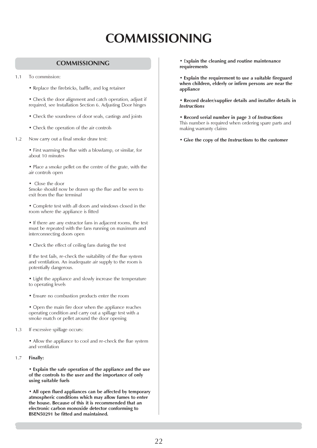 Stovax 7051Bl, 7053lG, 7008lG, 7008Bl, 7053Bl, 7051lG manual Commissioning, Give the copy of the Instructions to the customer 