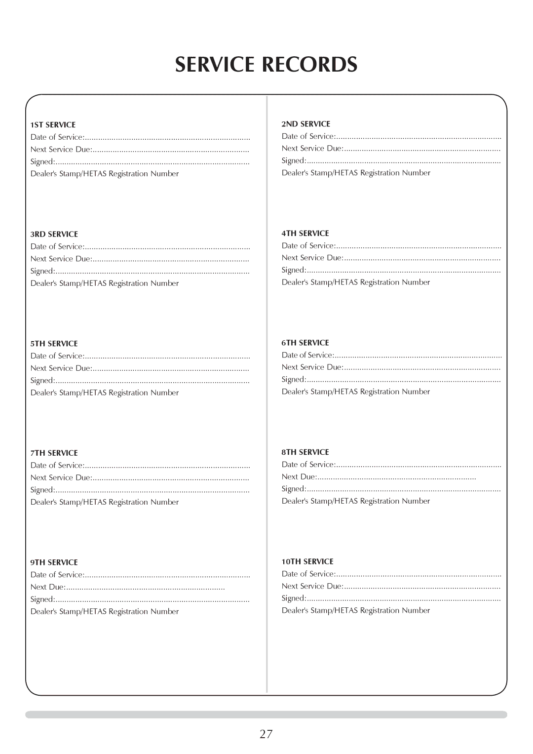 Stovax 7051Bl, 7053lG, 7008lG, 7008Bl, 7053Bl, 7051lG manual Service Records 