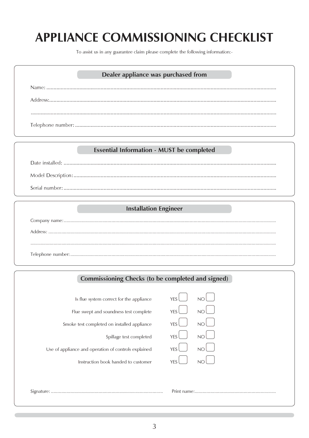 Stovax 7008lG, 7051Bl, 7053lG Appliance Commissioning Checklist, Dealer appliance was purchased from, Installation Engineer 