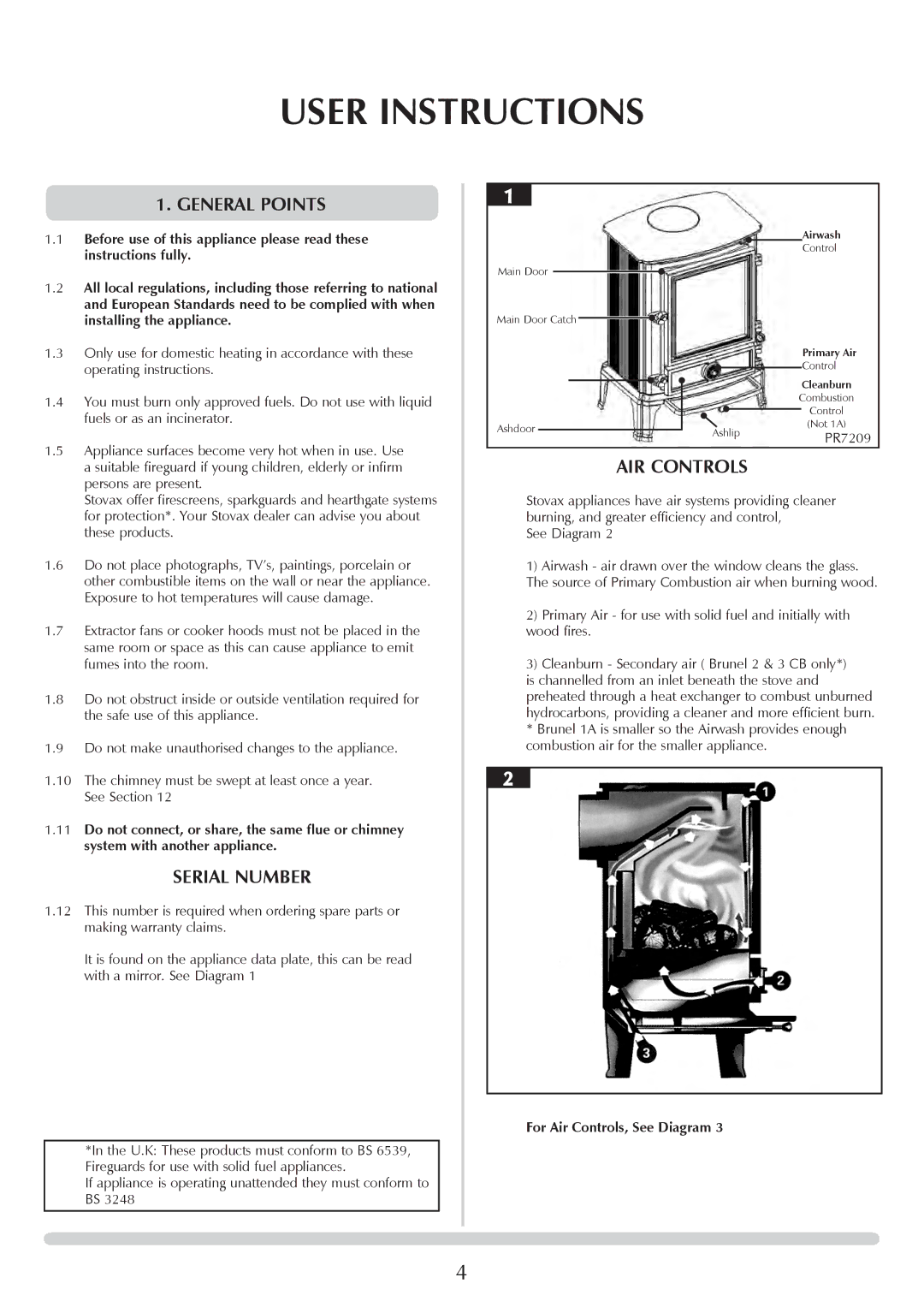 Stovax 7051Bl, 7053lG, 7008lG, 7008Bl, 7053Bl, 7051lG manual User Instructions, General Points, Serial Number, AIR Controls 