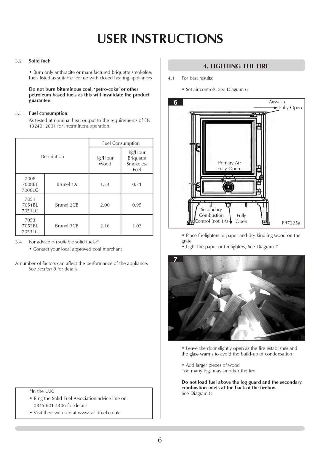 Stovax 7053Bl, 7051Bl, 7053lG, 7008lG, 7008Bl, 7051lG manual Lighting the fire, Solid fuel, Wood, PR7225a 