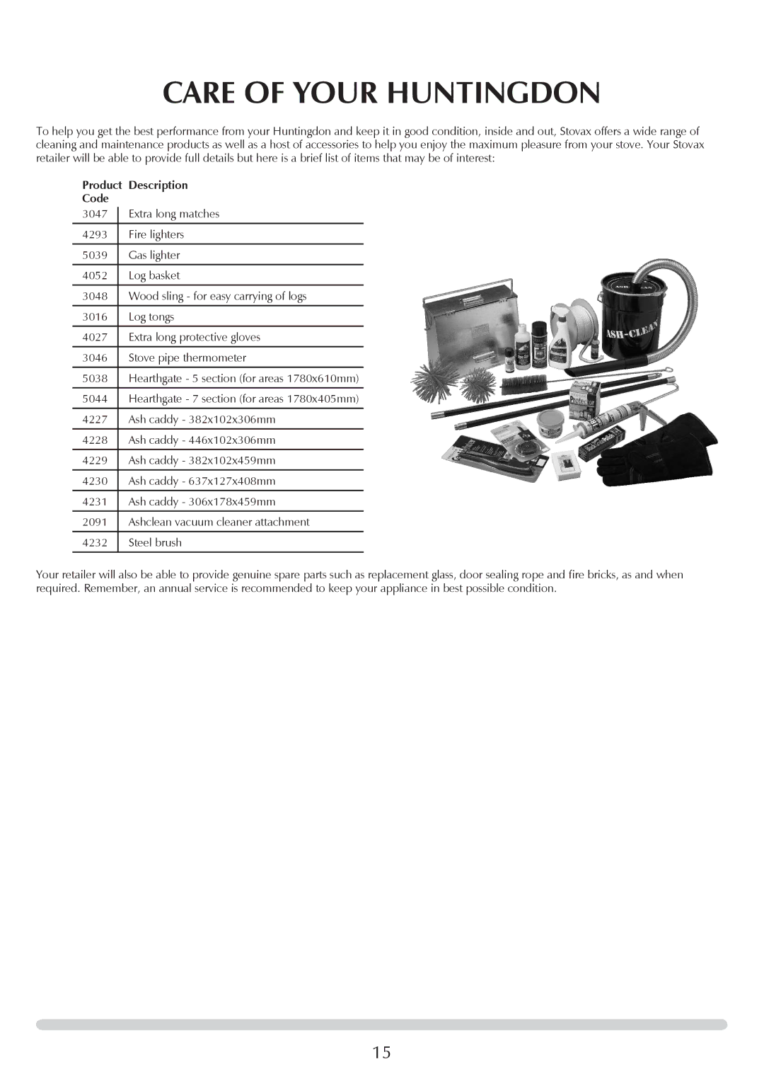 Stovax 7057, 7061lG, 7074, 7075Bl, 7055Bl, 7058lG, 7065lG, 7058Bl, 7065Bl Care of Your Huntingdon, Product Description Code 