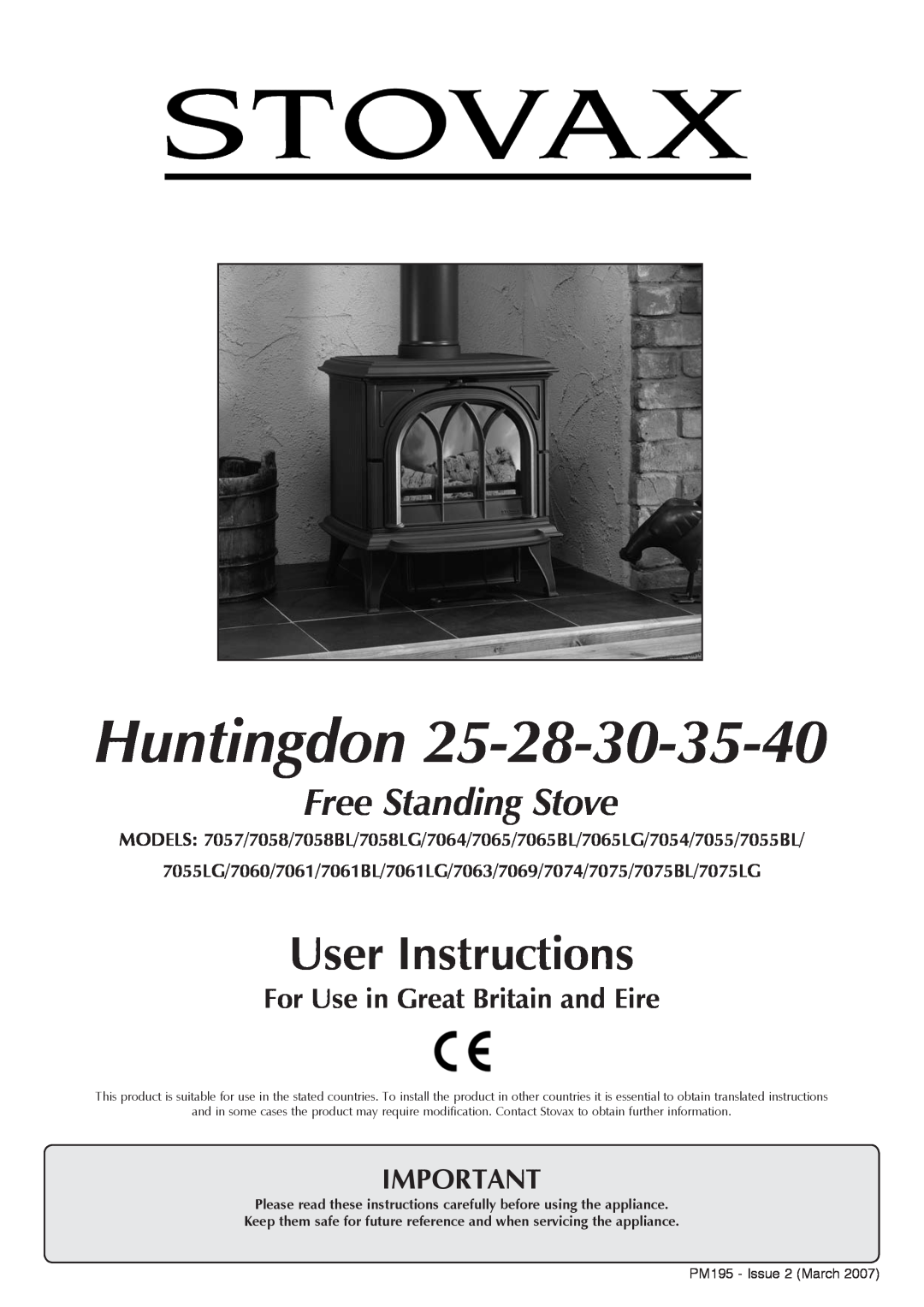 Stovax 7061lG, 7057, 7074, 7058 manual Huntingdon, User Instructions, Free Standing Stove, For Use in Great Britain and Eire 