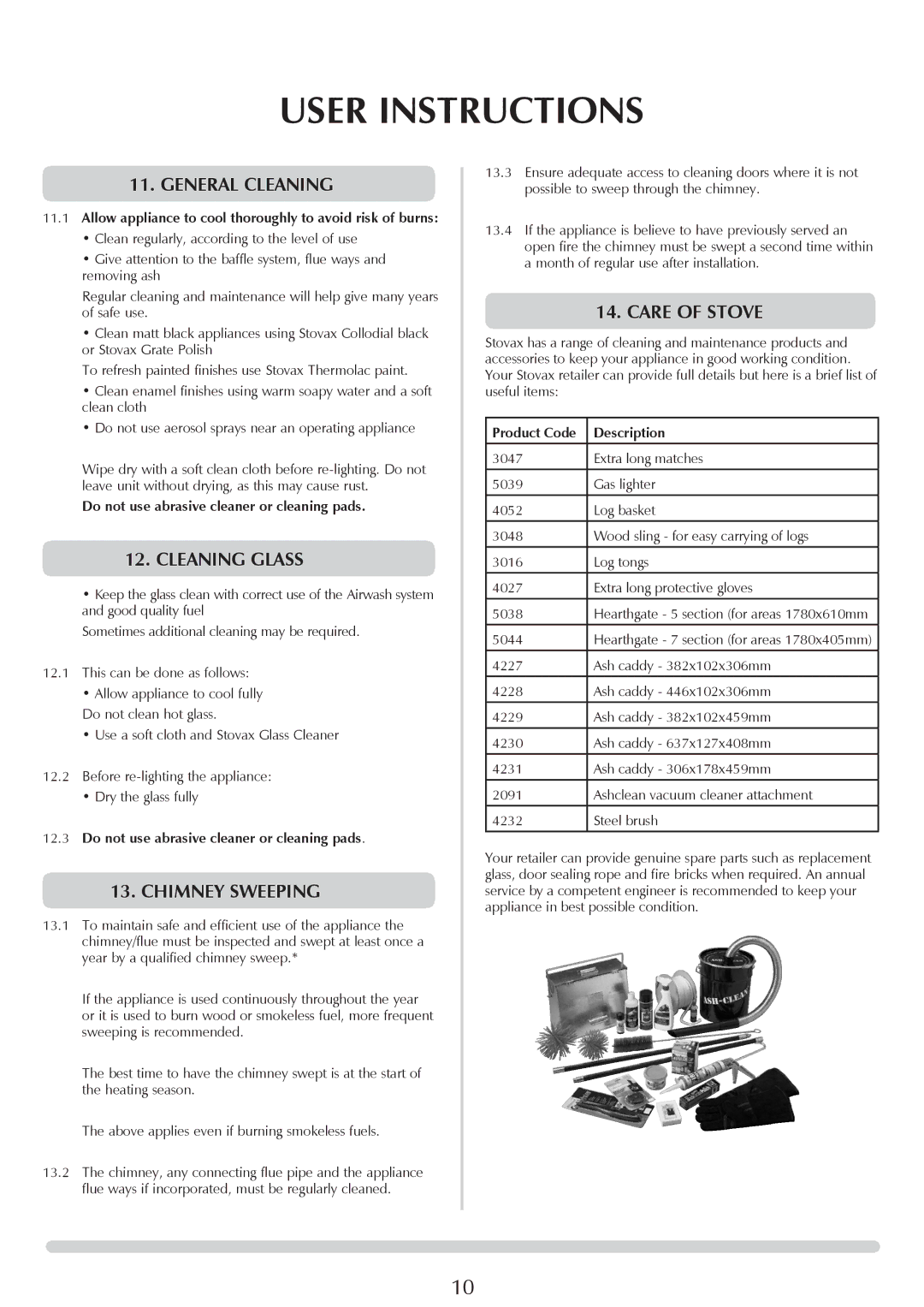 Stovax 7160, 7106HC, 7105, 7106lC, 7114, 7113lC, 7116, 7162 General Cleaning, Cleaning Glass, Chimney Sweeping, Care of stove 