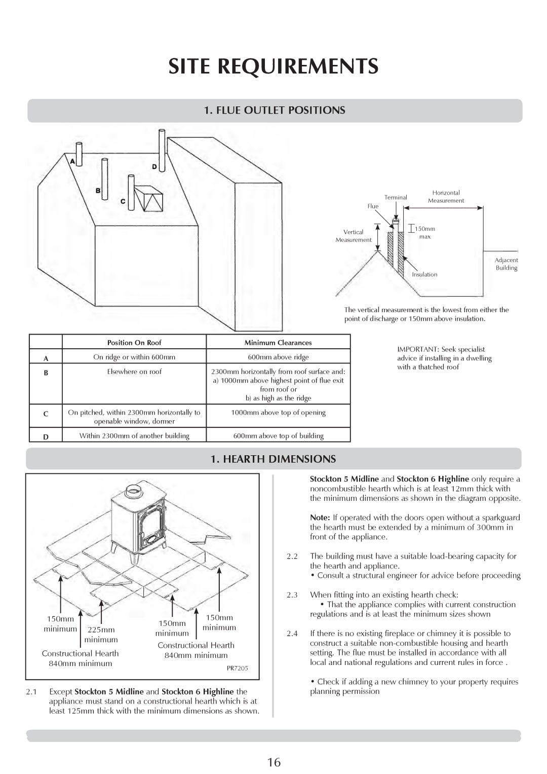 Stovax 7116lC, 7106HC, 7105, 7106lC, 7114, 7113lC, 7162, 7130, 7163, 7160, 7128, 7127 Flue Outlet Positions, Hearth Dimensions 