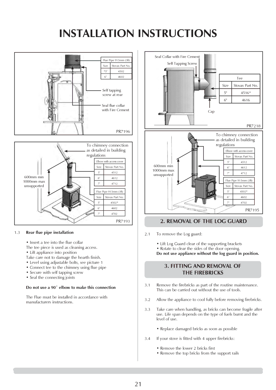 Stovax 7120, 7106HC, 7105, 7106lC, 7114, 7113lC, 7116 Fitting and Removal of the Firebricks, Rear flue pipe installation 