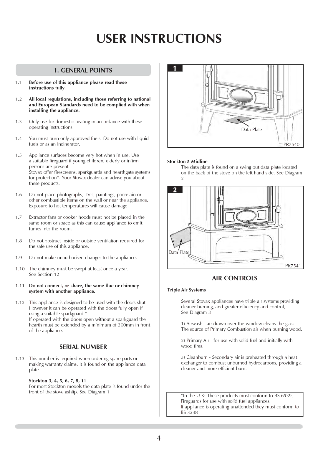 Stovax 7106HC, 7105, 7106lC, 7114, 7113lC, 7116, 7162, 7130 User Instructions, General Points, Serial Number, AIR Controls 