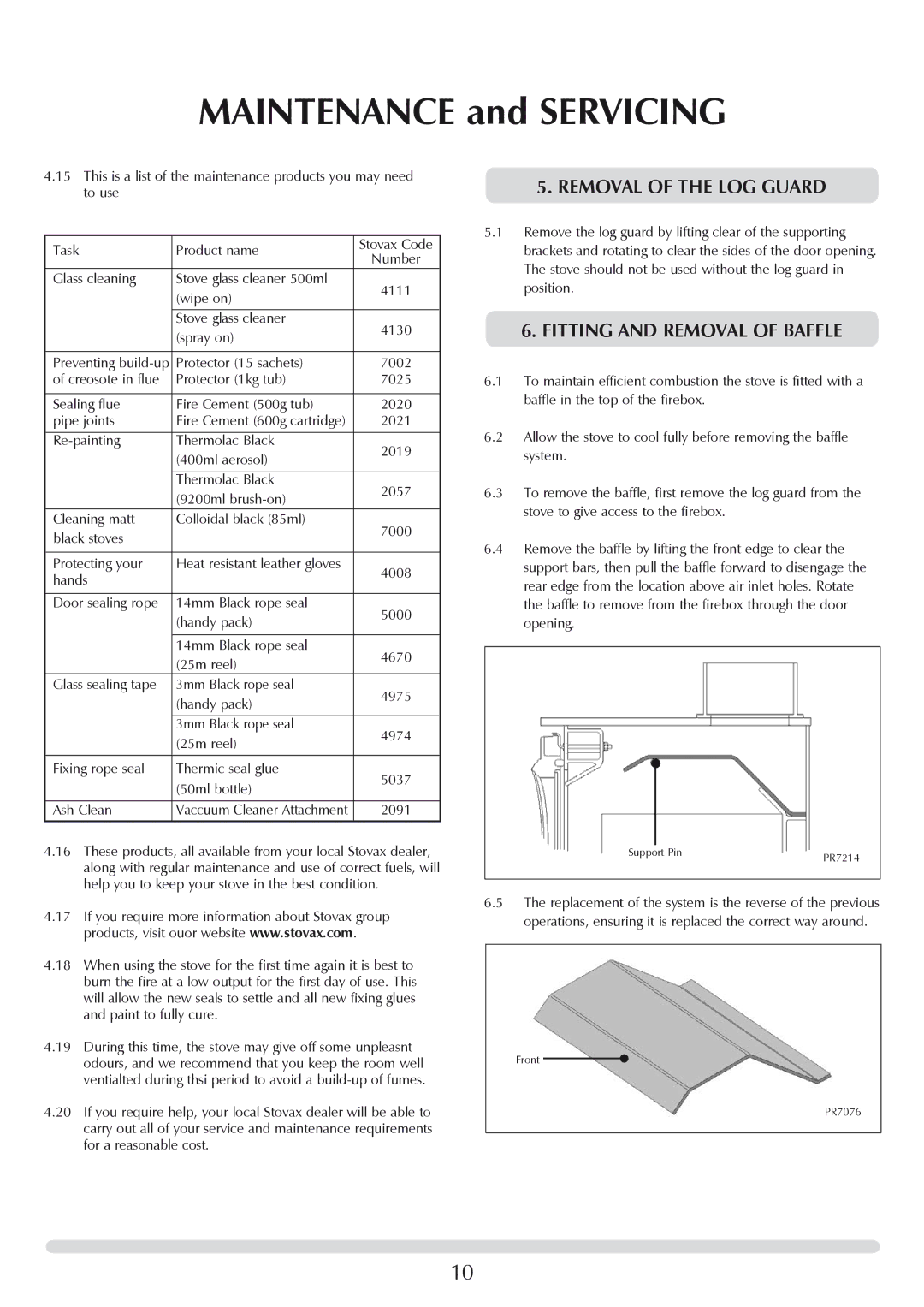 Stovax 7118 manual Removal of the LOG Guard, Fitting and Removal of Baffle 