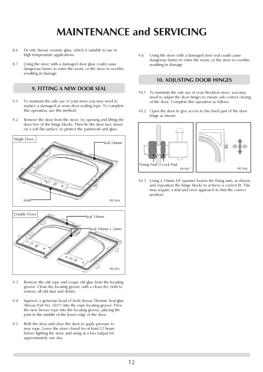 Stovax 7118 Fitting a new door seal, Adjusting Door Hinges, Single Door Seal 14mm, Double Door Seal 14mm Seal 10mm x 2mm 