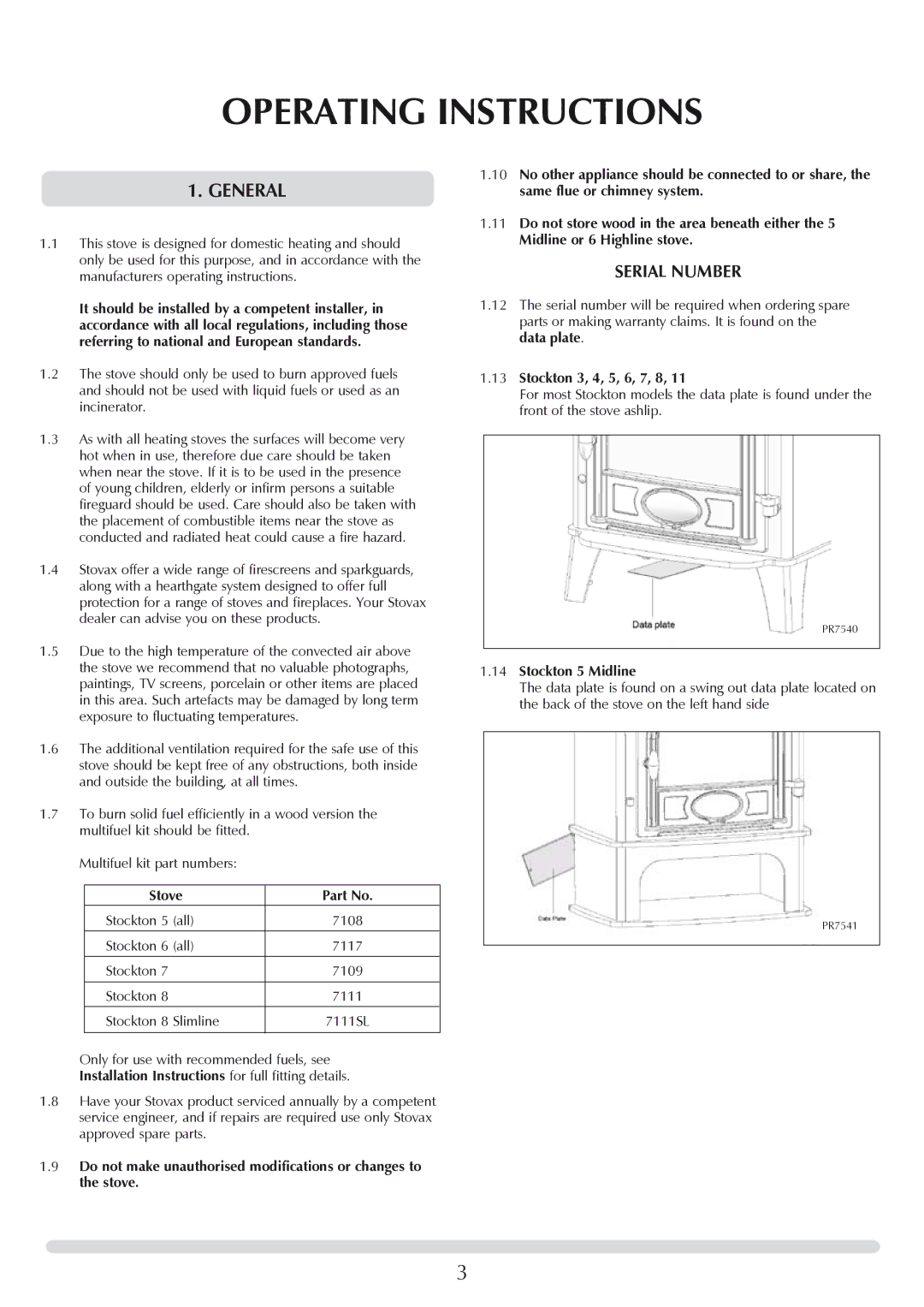 Stovax 7118 manual General, Stove, Installation Instructions for full fitting details, Stockton 3, 4, 5, 6, 7, 8 