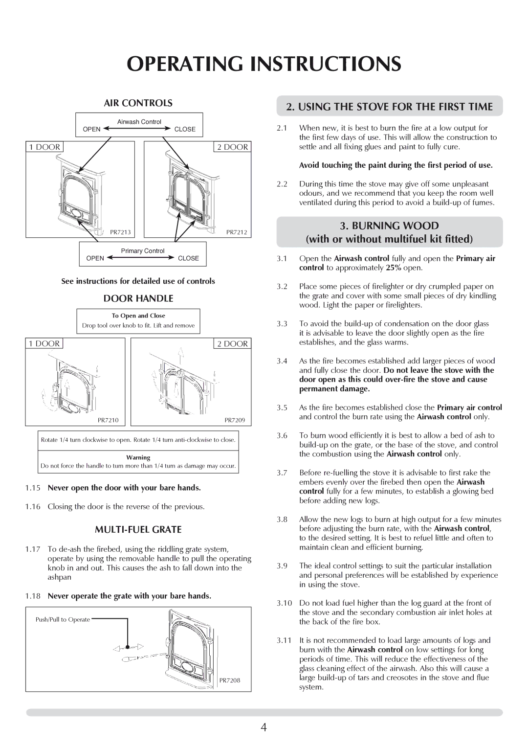 Stovax 7118 manual Using the Stove for the First Time, Burning Wood, With or without multifuel kit fitted 