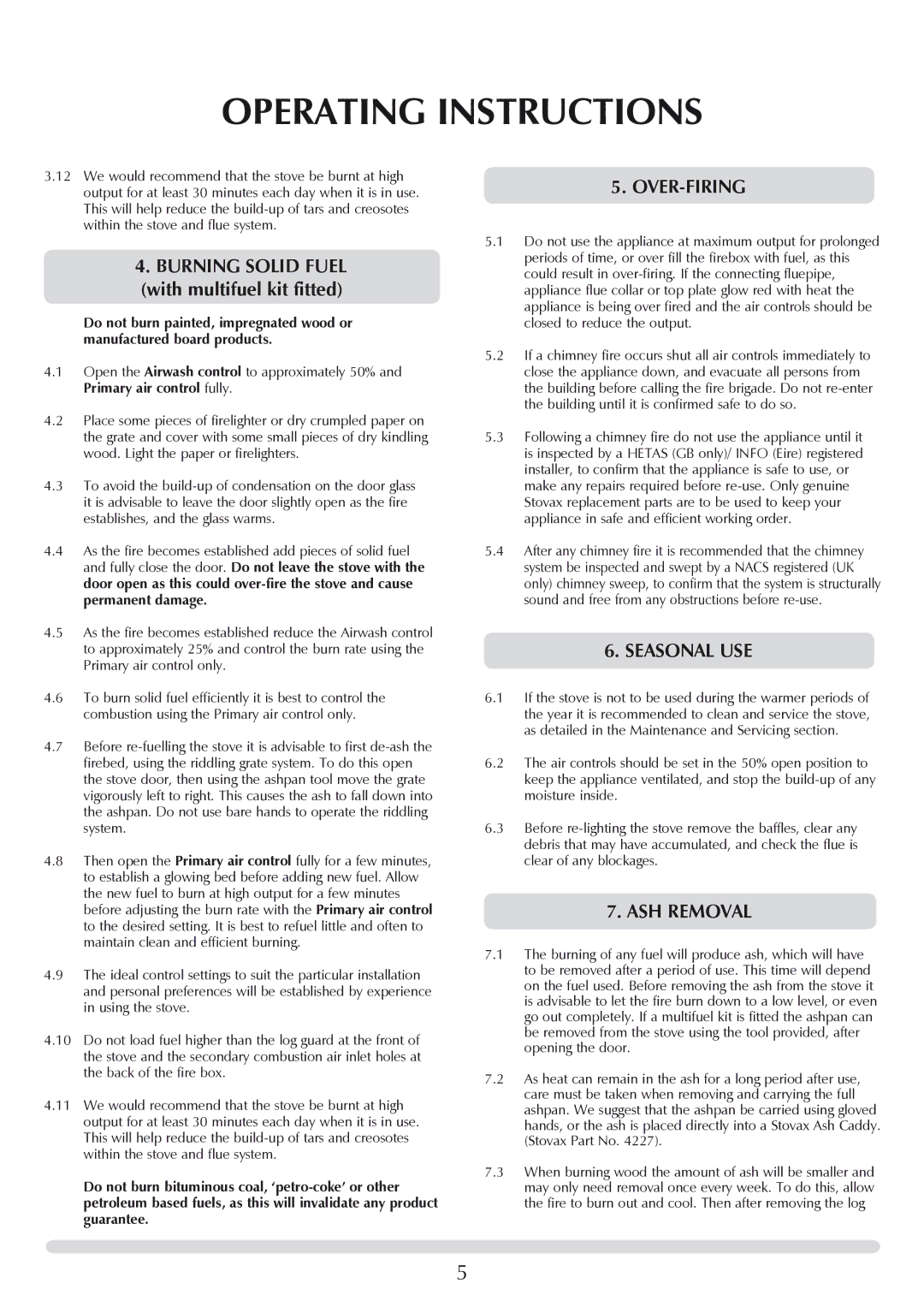 Stovax 7118 manual Over-Firing, Seasonal use, ASH Removal 