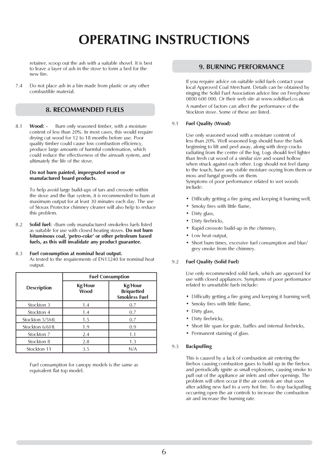 Stovax 7118 manual Recommended Fuels, Burning performance 