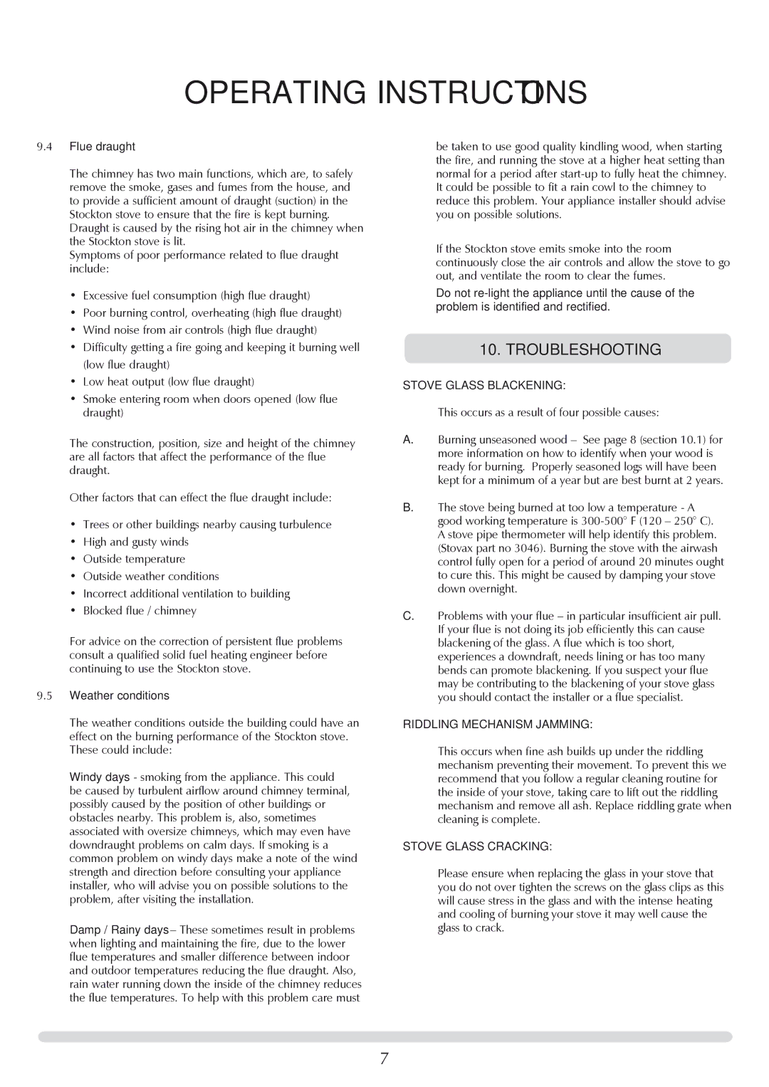 Stovax 7118 manual Troubleshooting, Flue draught, Weather conditions, This occurs as a result of four possible causes 