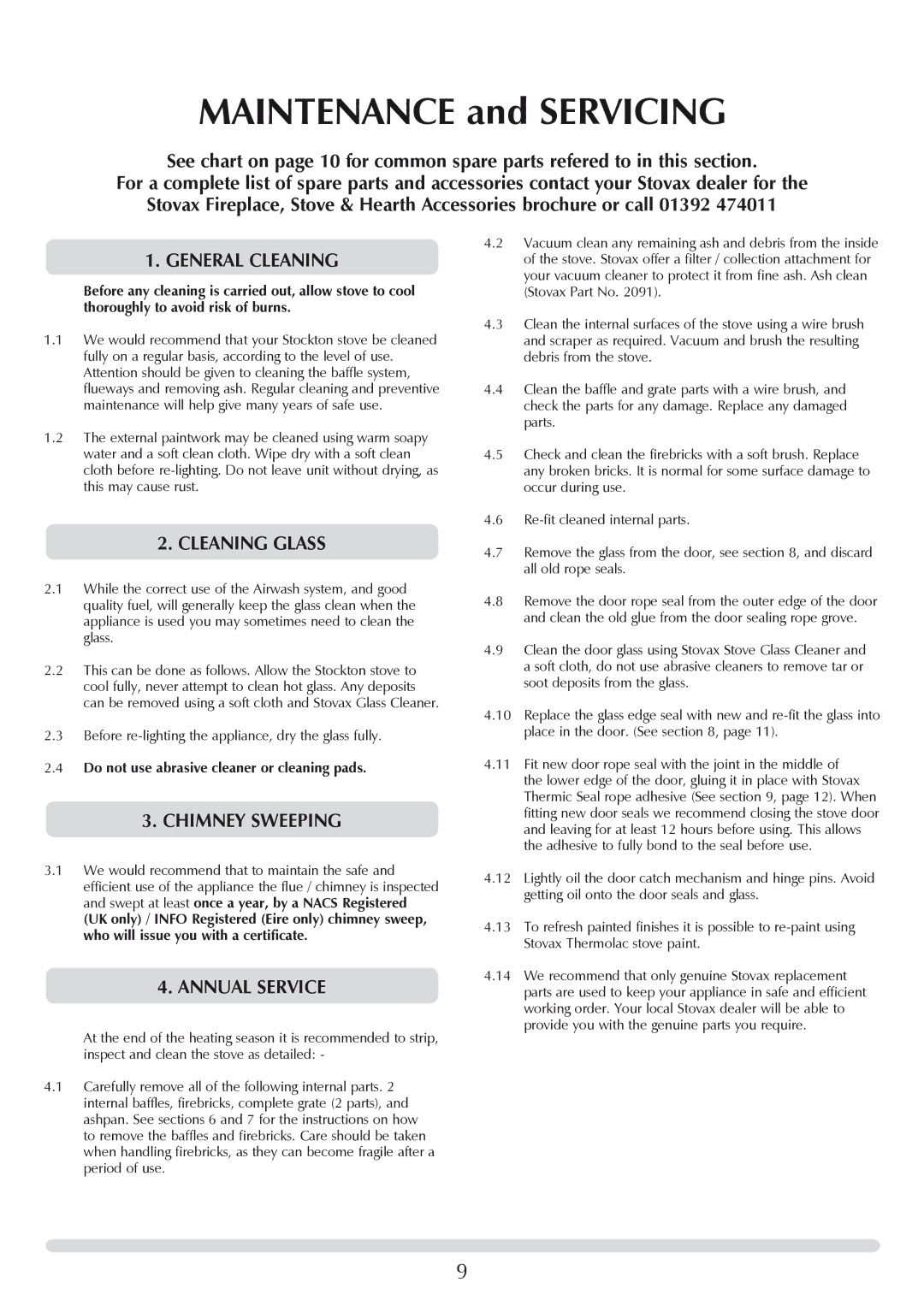 Stovax 7118 manual General Cleaning, Cleaning Glass, Chimney Sweeping, Annual Service 