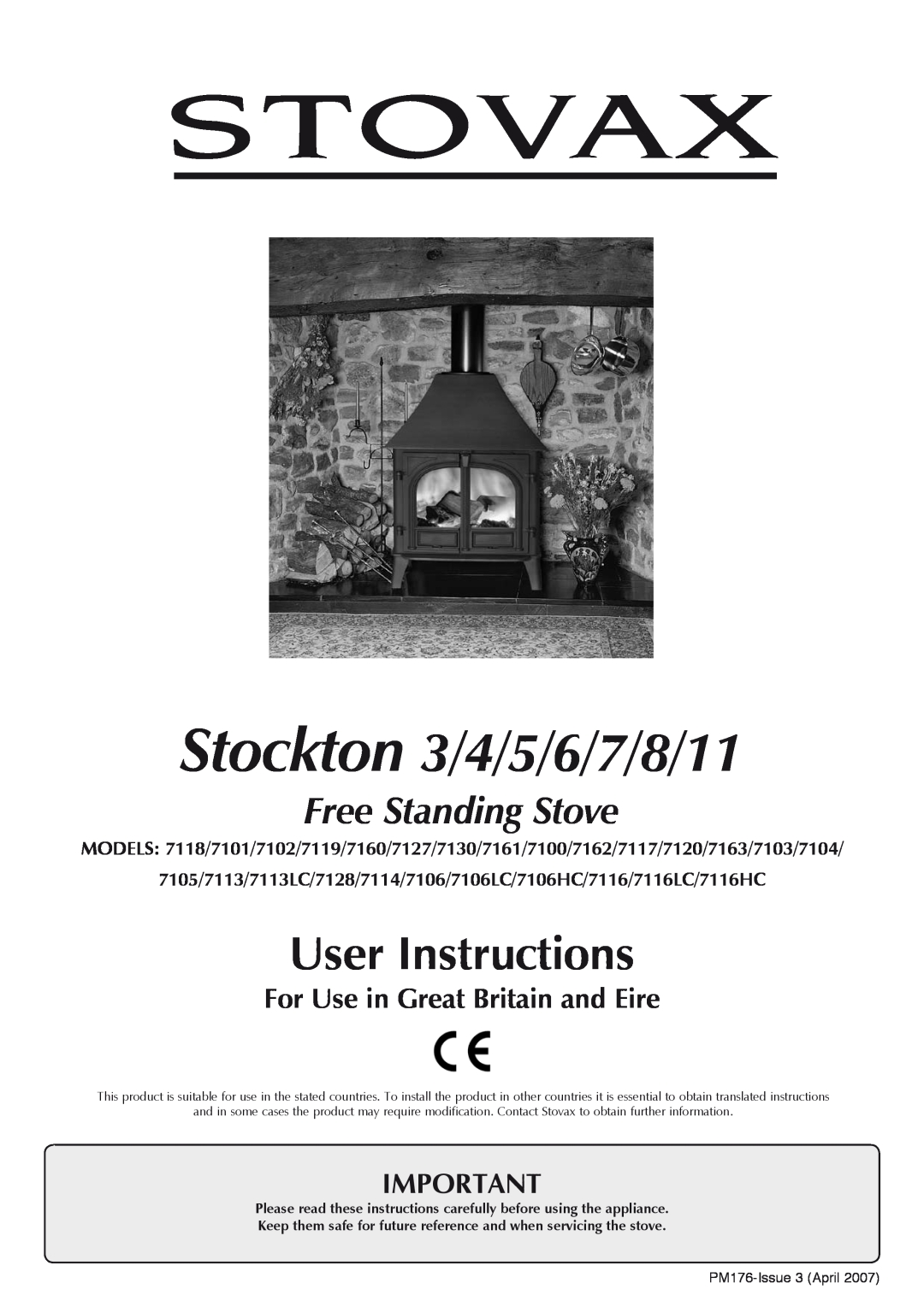 Stovax 7118 manual Stockton 3/4/5/6/7/8/11, User Instructions, Free Standing Stove, For Use in Great Britain and Eire 