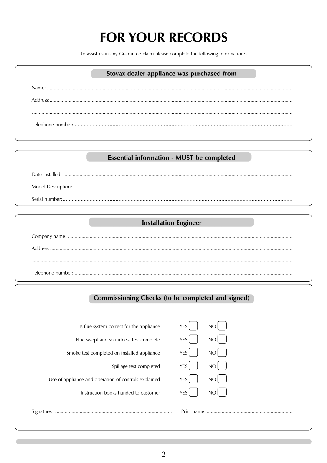 Stovax 7125, 7126 manual For Your Records, Commissioning Checks to be completed and signed 