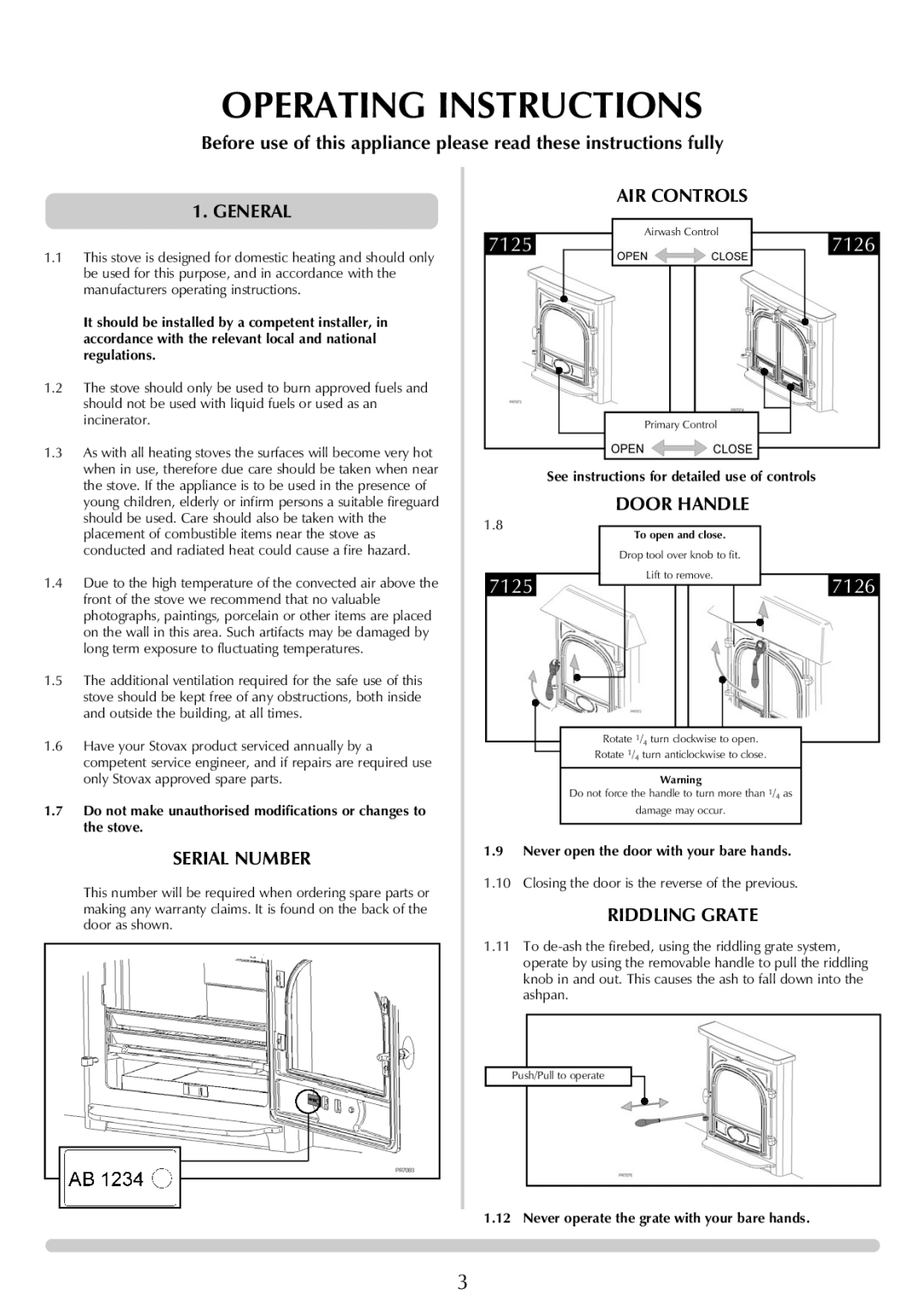 Stovax 7126, 7125 manual Operating Instructions, General, Serial Number, Riddling Grate 