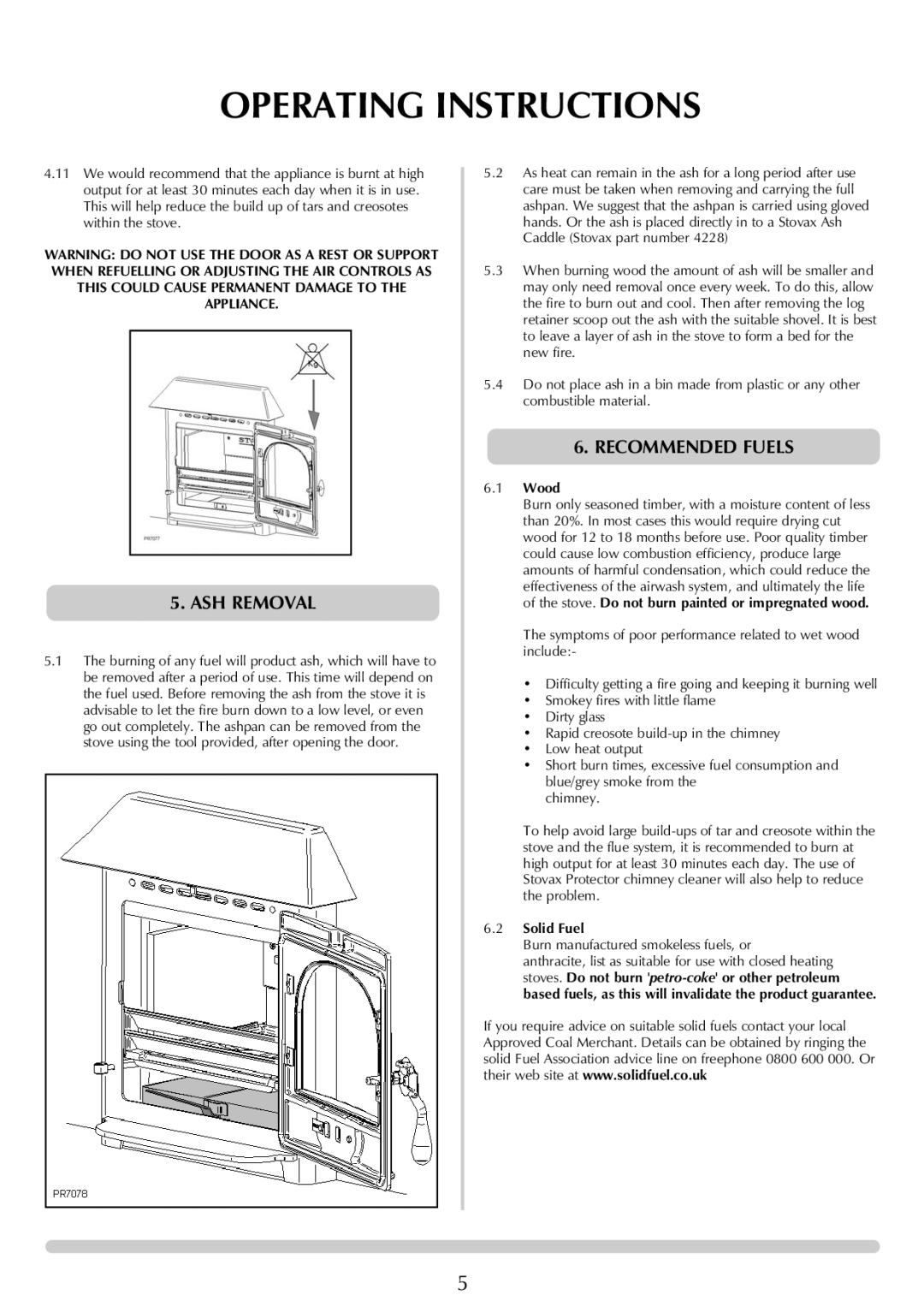 Stovax 7126, 7125 manual ASH Removal, Recommended Fuels 