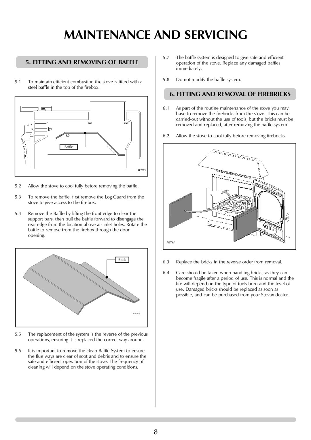 Stovax 7125, 7126 manual Fitting and Removing of Baffle, Fitting and Removal of Firebricks 