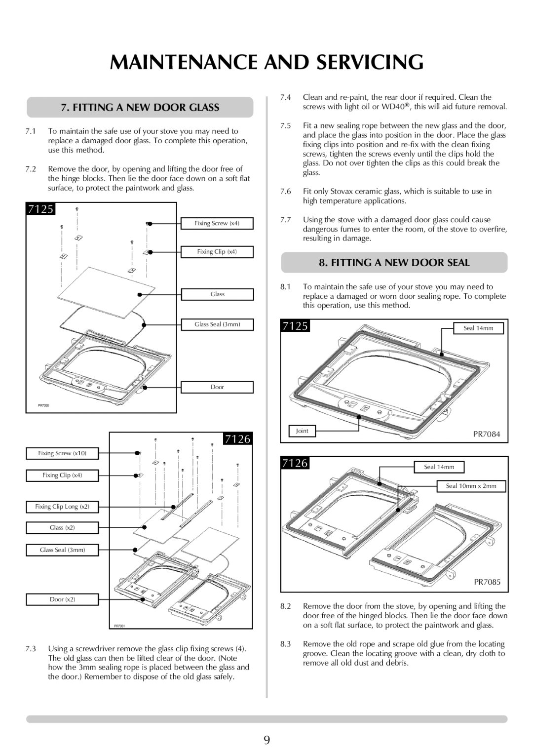 Stovax 7126, 7125 manual Fitting a NEW Door Glass, Fitting a NEW Door Seal 