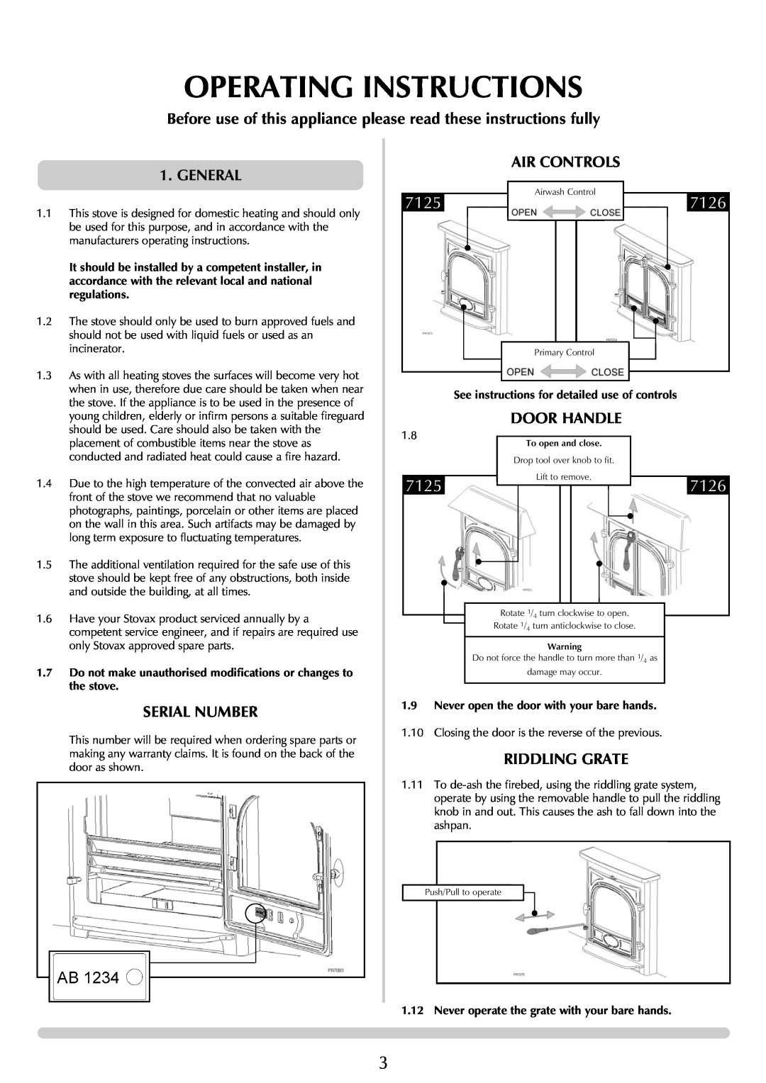 Stovax 7126 manual Operating Instructions, 7125, General, Serial Number, Riddling Grate, Door Handle, Air Controls 