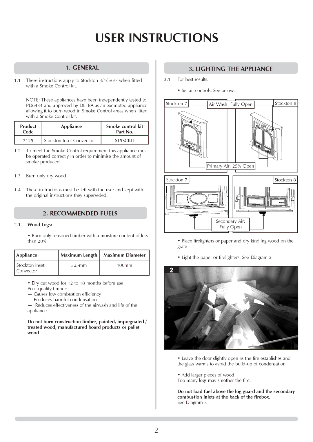 Stovax 7125F manual User Instructions, Recommended Fuels, Lighting the Appliance 