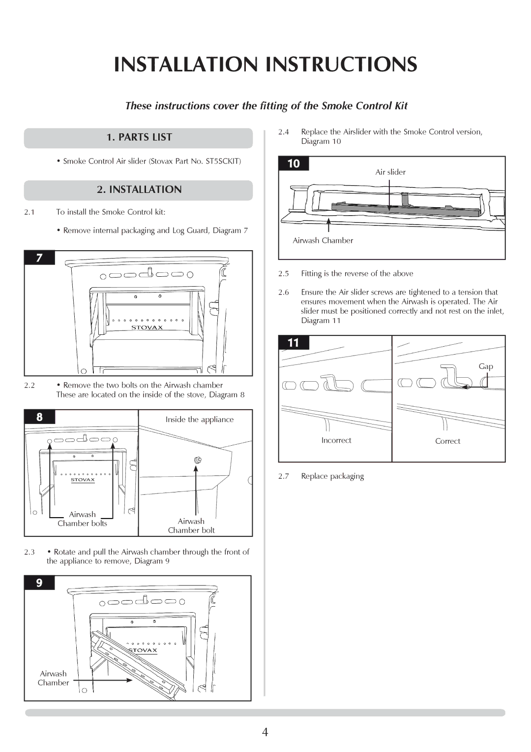 Stovax 7125F manual Installation Instructions, Parts List 