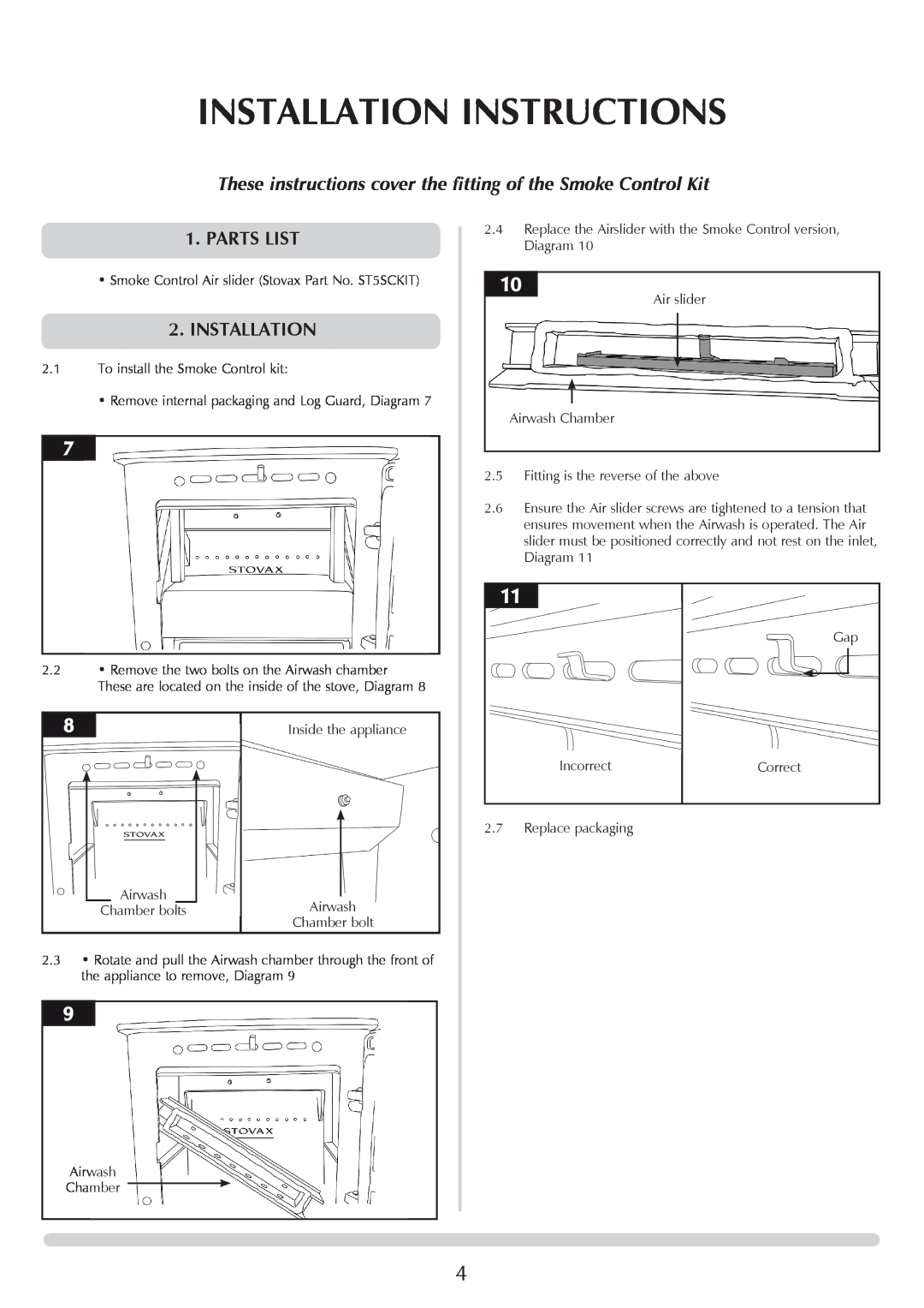 Stovax 7125F manual Installation Instructions, Parts List, These instructions cover the fitting of the Smoke Control Kit 
