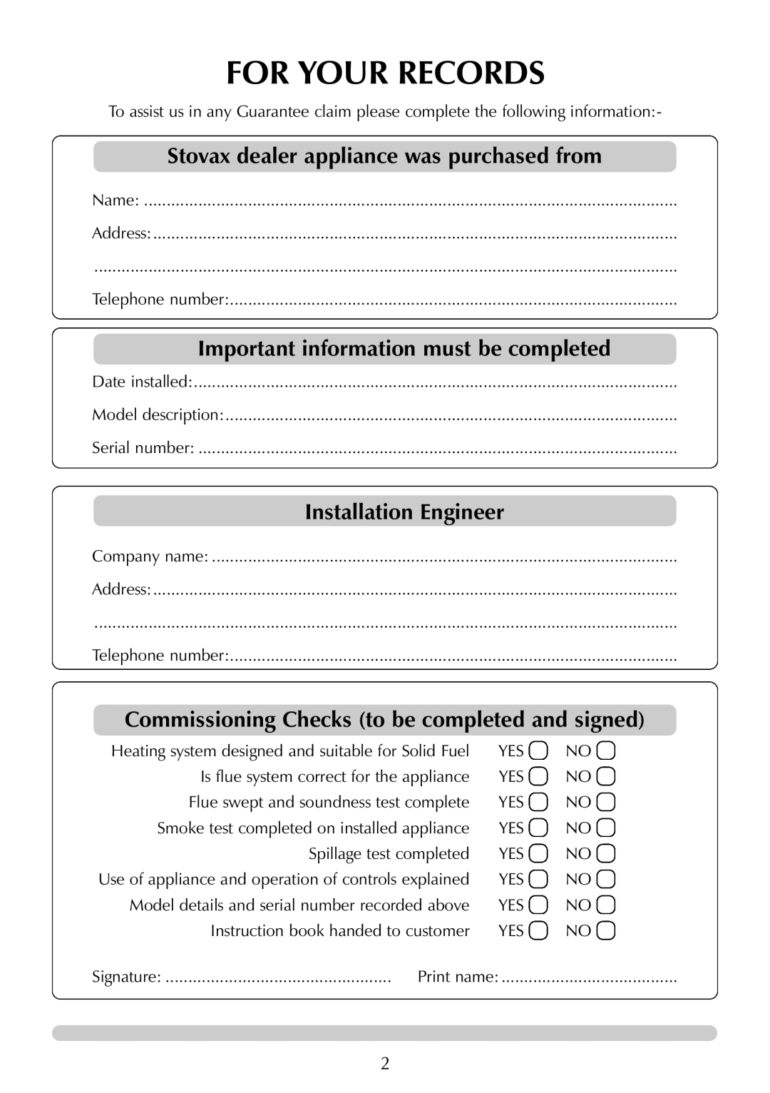 Stovax 7129 manual For Your Records, Commissioning Checks to be completed and signed 