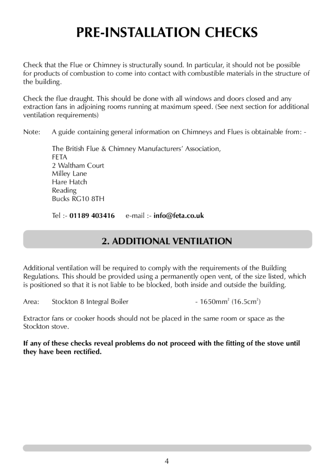 Stovax 7129 manual Additional Ventilation, Tel 01189 403416 e-mail -info@feta.co.uk 