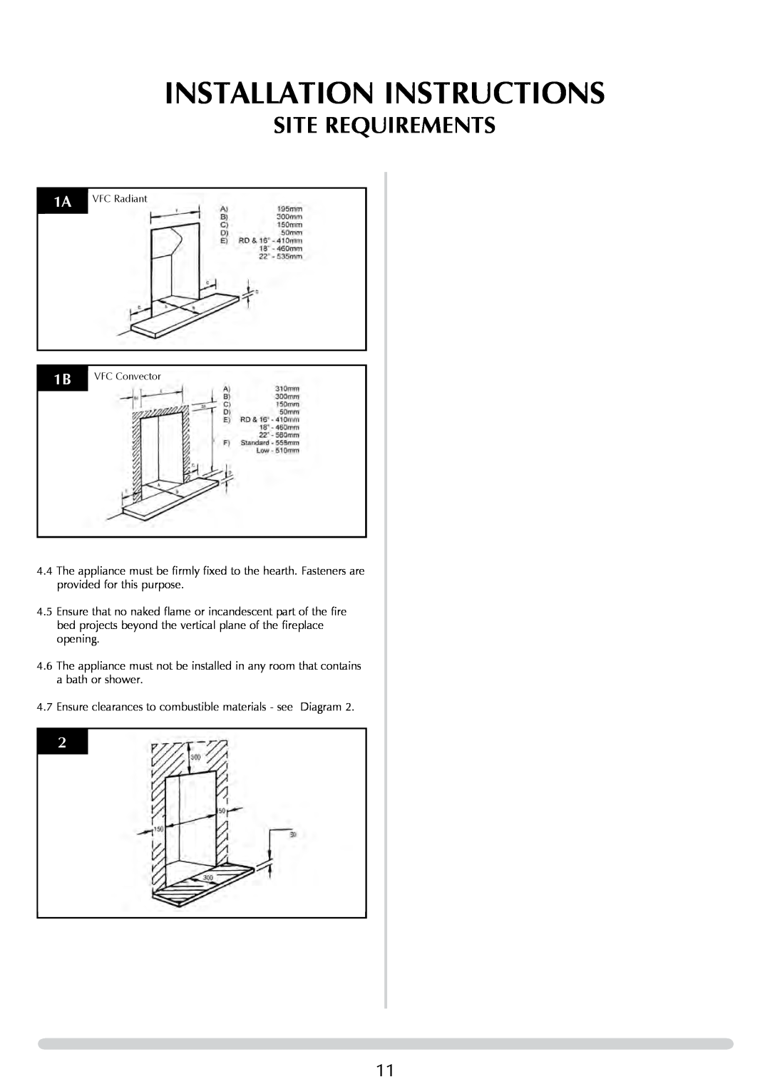 Stovax 8455 manual Installation Instructions, Site Requirements, 1A VFC Radiant 1B VFC Convector 
