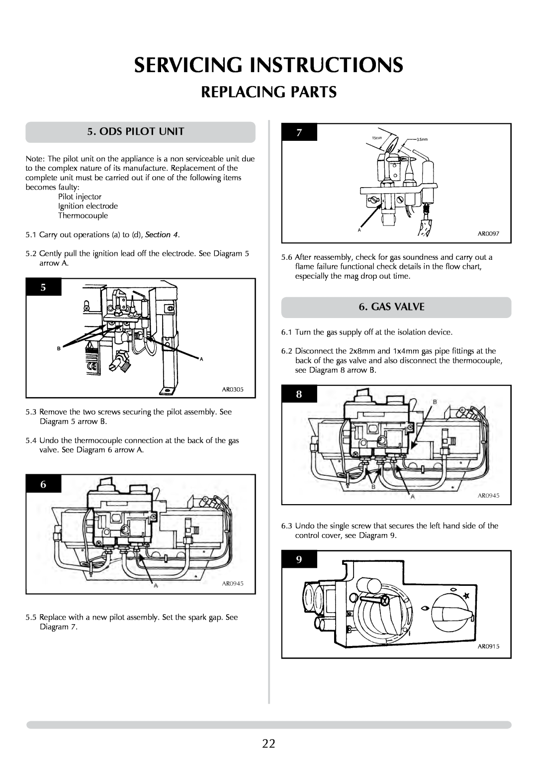 Stovax 8455 manual Servicing Instructions, Replacing Parts, Ods Pilot Unit, Gas Valve 