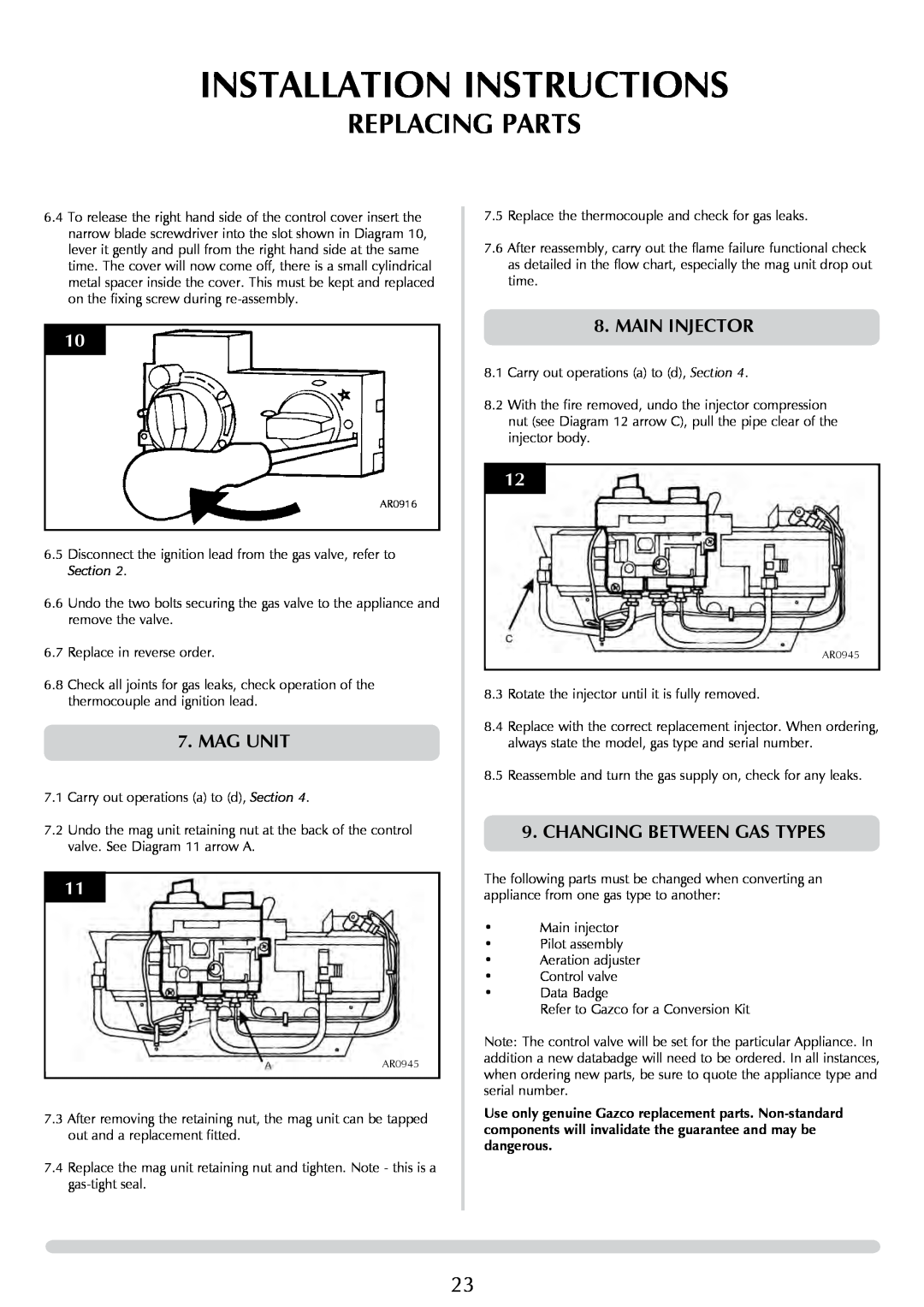 Stovax 8455 manual Installation Instructions, Replacing Parts, Mag Unit, Main Injector, Changing Between Gas Types, Section 