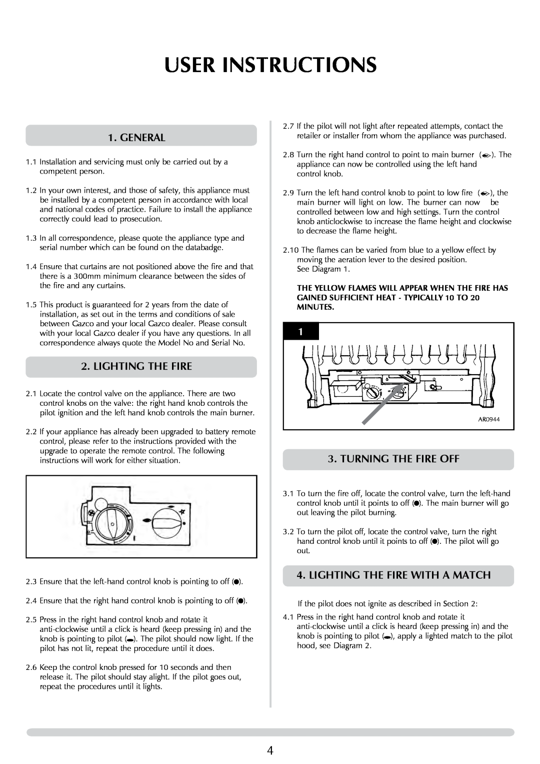 Stovax 8455 manual User Instructions, general, Turning The Fire Off, Lighting The Fire With A Match 