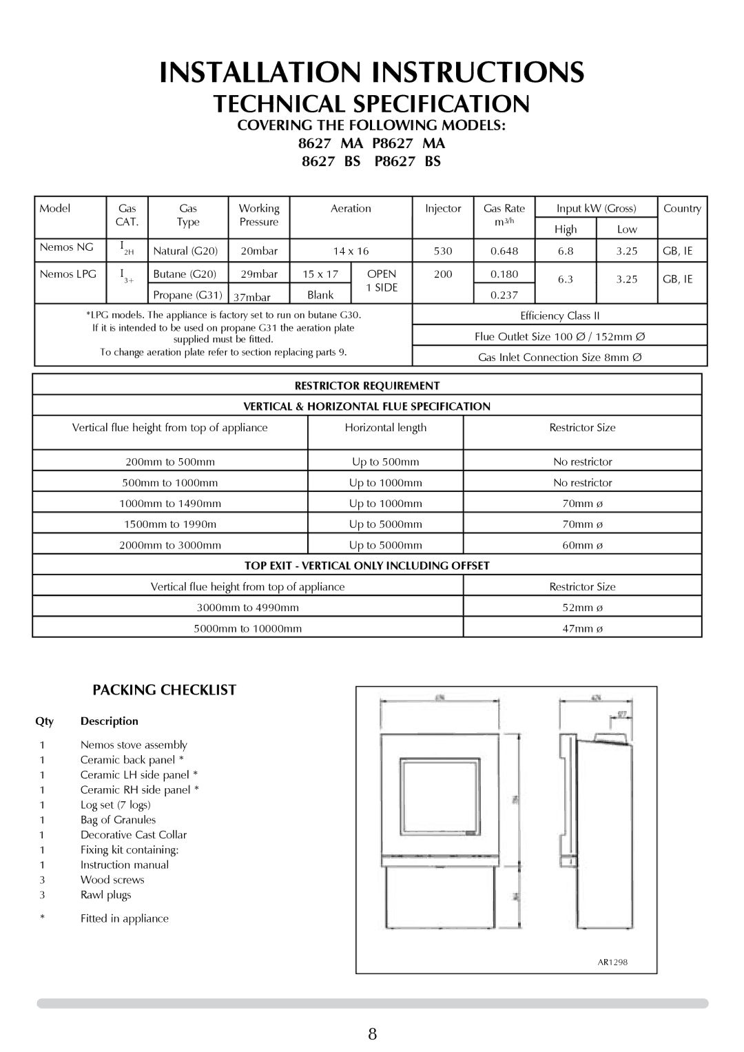 Stovax manual Installation Instructions, Technical Specification, MA P8627 MA BS P8627 BS, Packing Checklist 