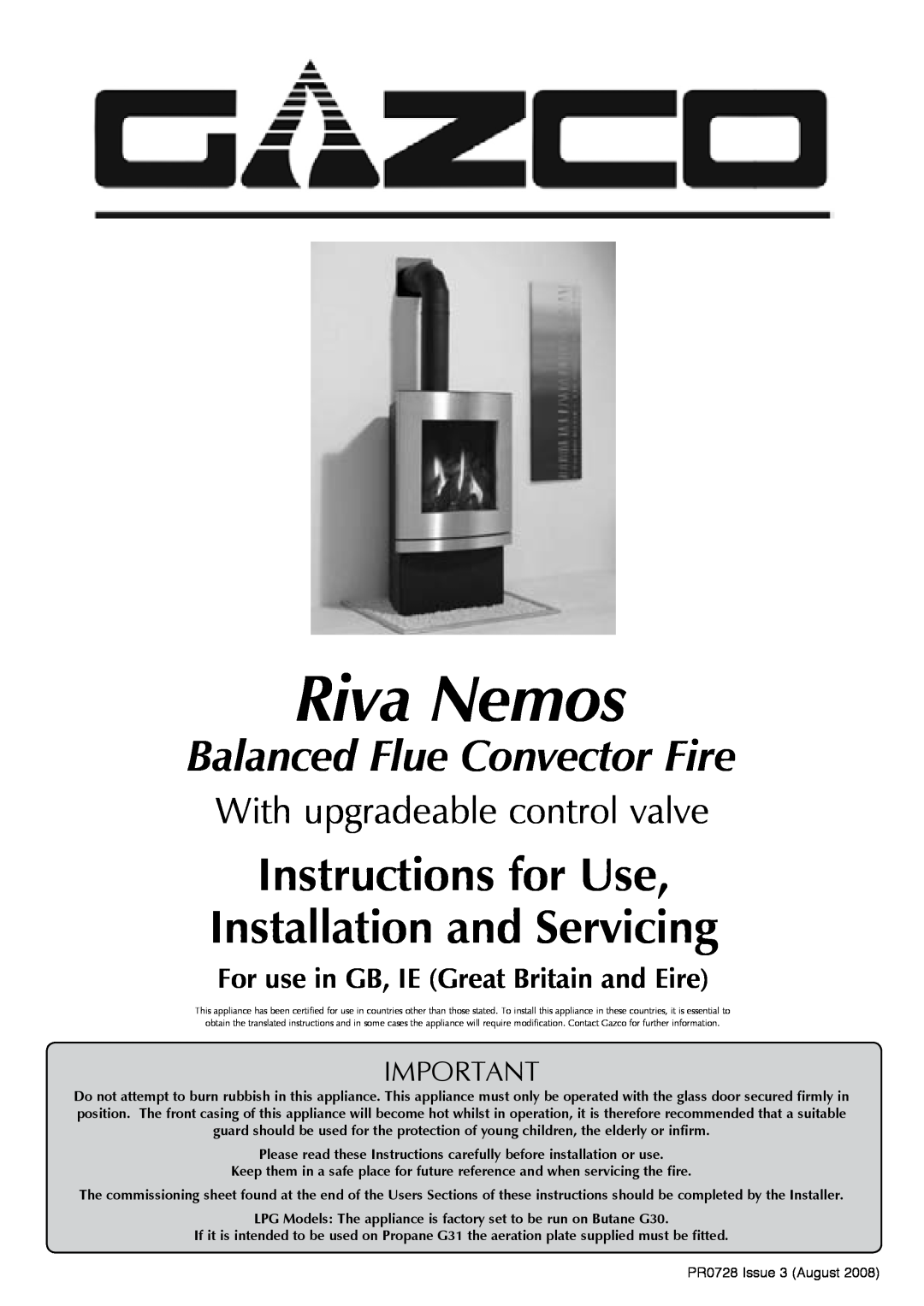 Stovax P8627 BS, P8627 MA manual Riva Nemos, Instructions for Use Installation and Servicing, Balanced Flue Convector Fire 