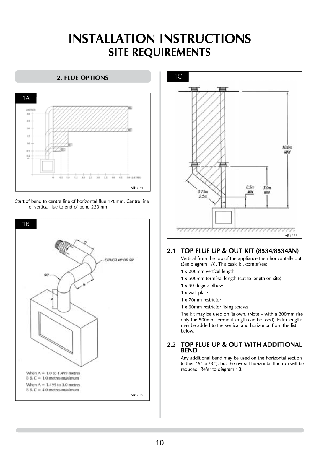 Stovax P8627 MA, 8627 BS Installation Instructions, Site Requirements, Flue Options, TOP FLUE UP & OUT KIT 8534/8534AN 