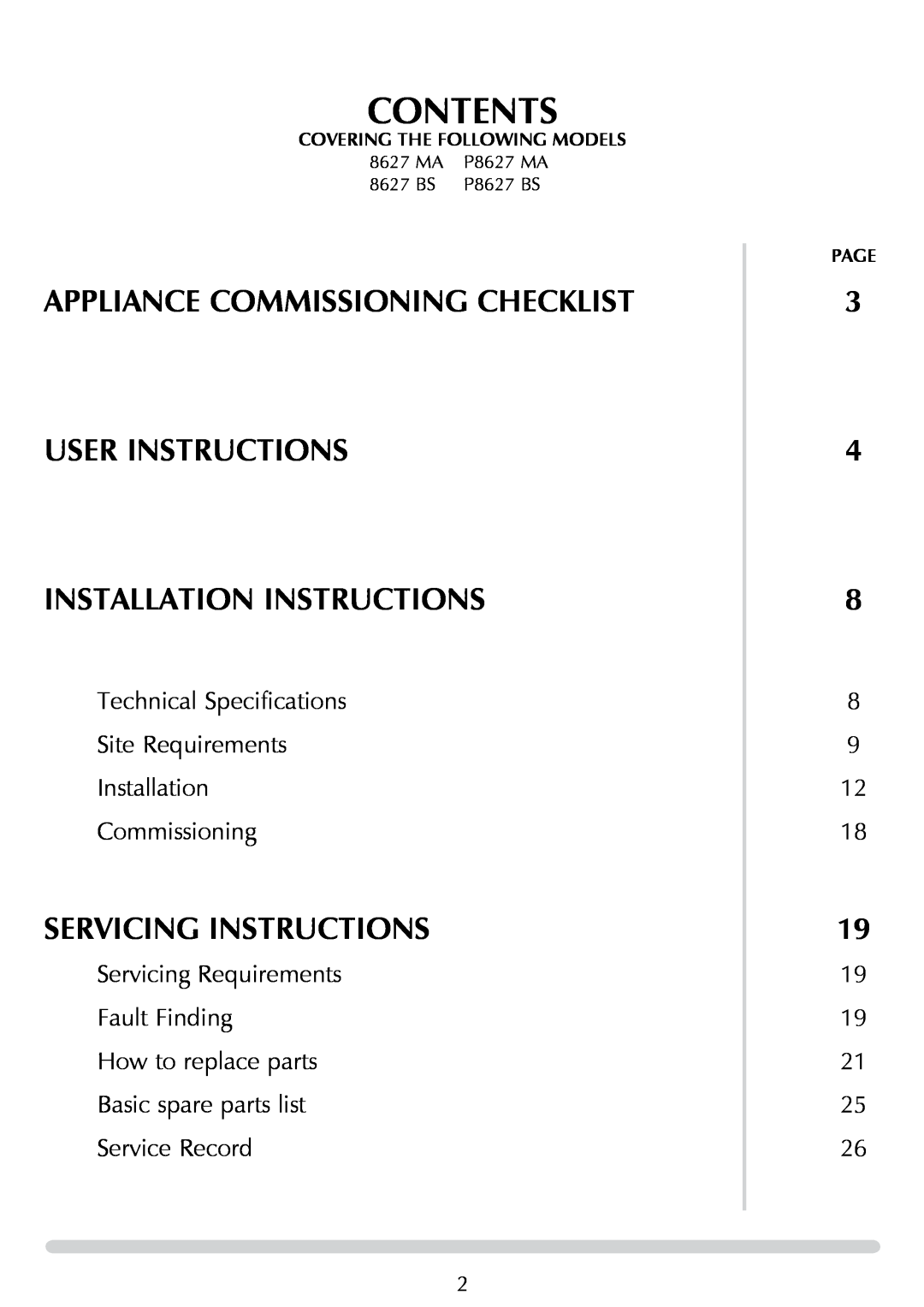 Stovax P8627 MA Contents, Appliance commiSsioning checklist, user instructions instaLlation Instructions, Service Record 