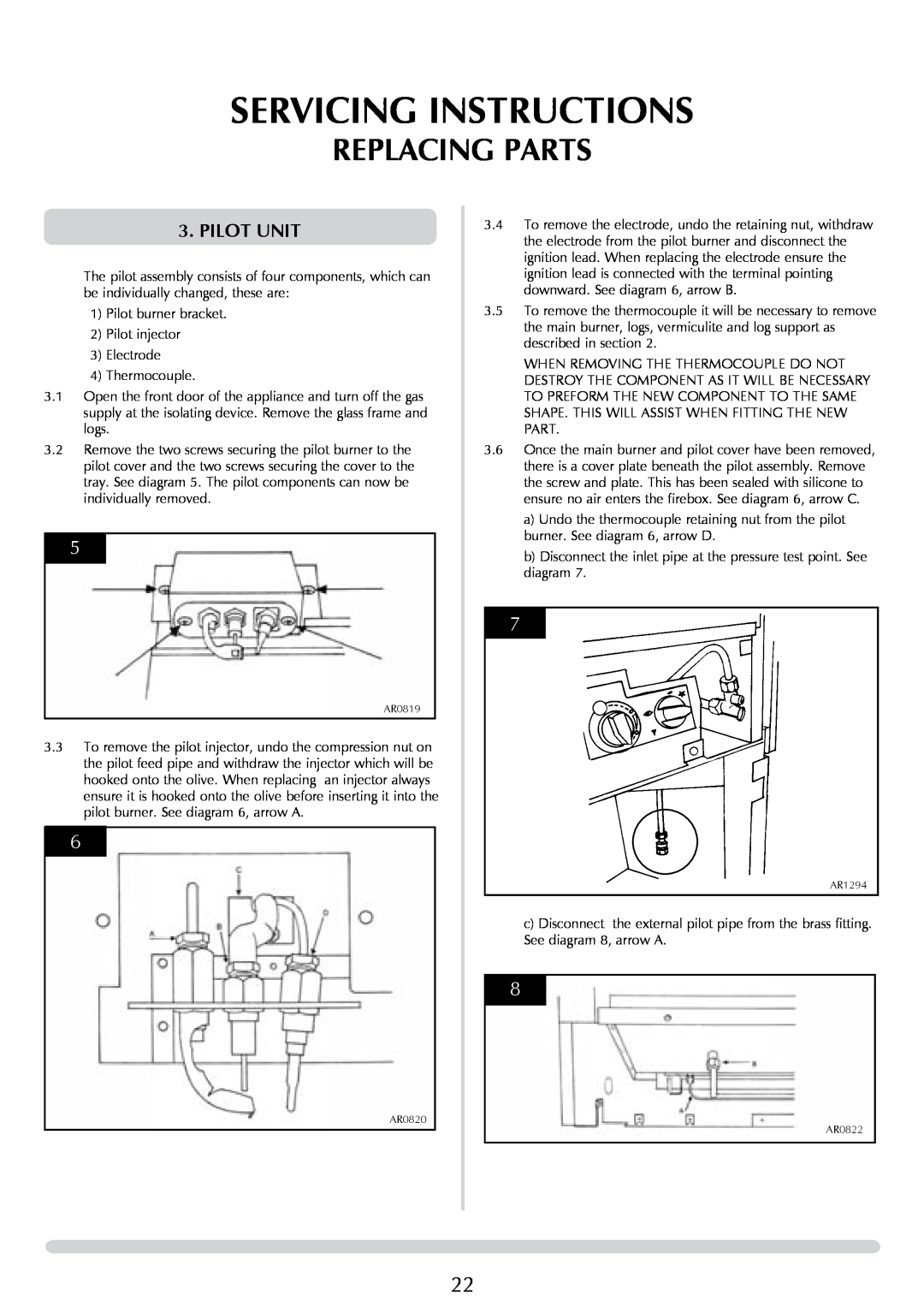 Stovax P8627 MA, P8627 BS manual Servicing Instructions, Replacing Parts, Pilot Unit 