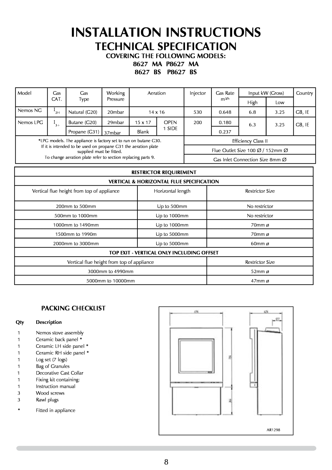 Stovax P8627 BS, P8627 MA manual Installation Instructions, Technical Specification 