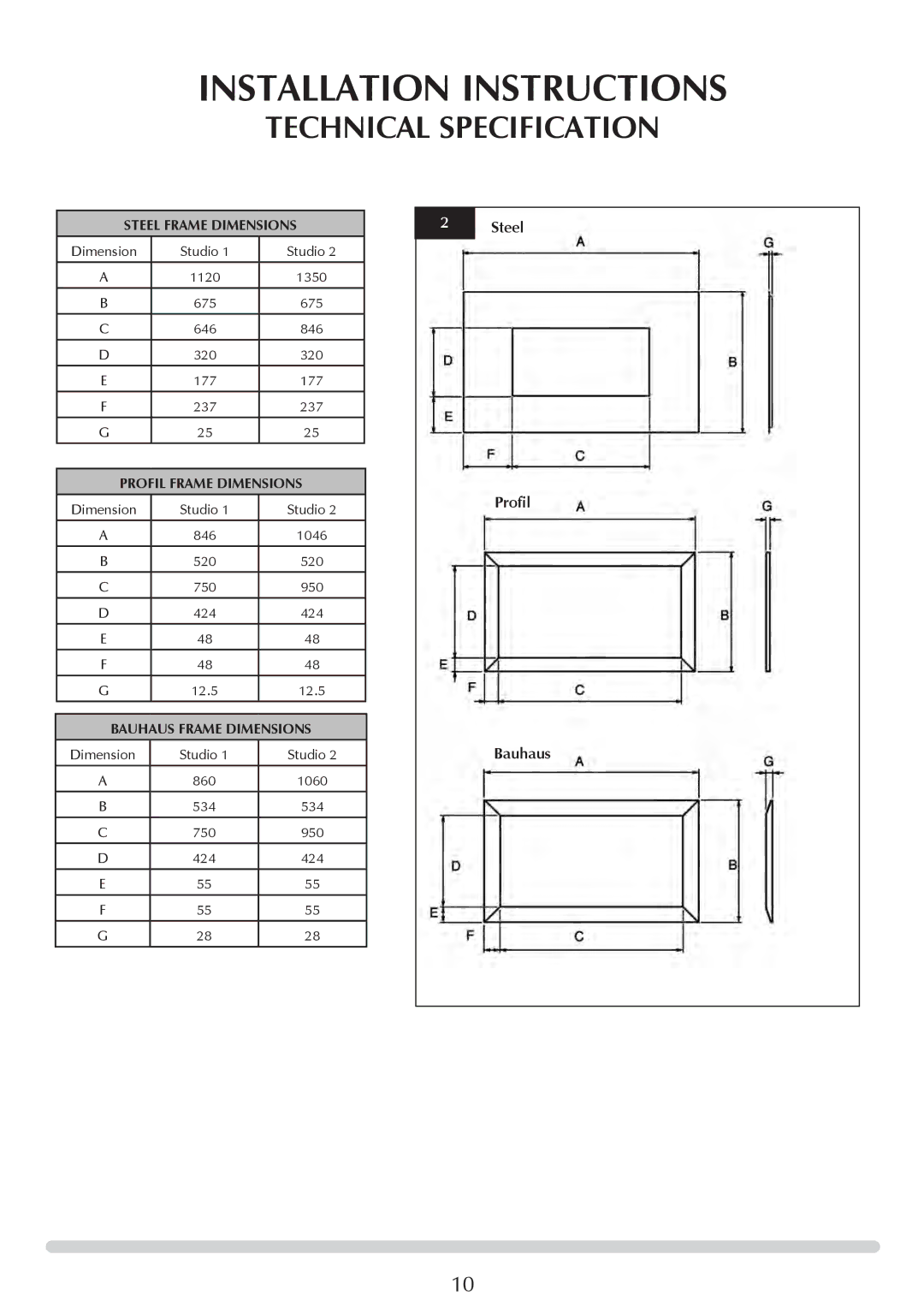 Stovax P8700CFCHEC, P8701CFCHEC manual Steel Frame Dimensions, Dimension Studio, Studio 846 1046 520 750 950 424 12.5 