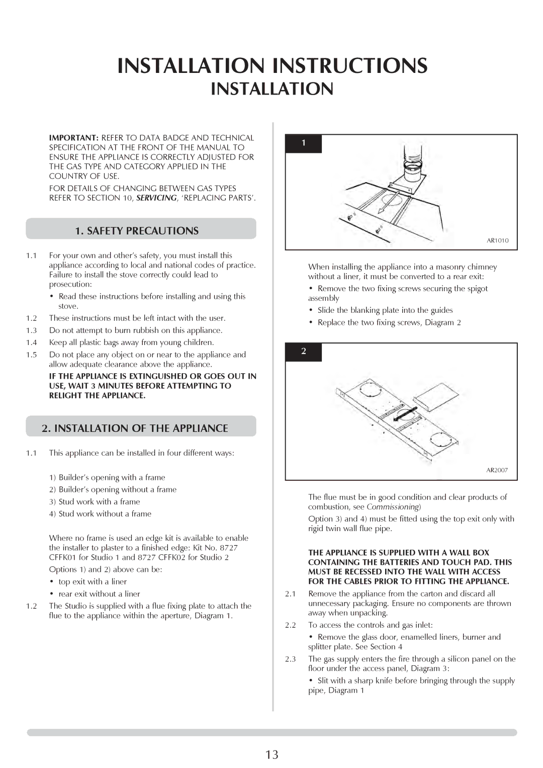 Stovax P8701CFCHEC, P8700CFCHEC manual Safety Precautions, Installation of the appliance 