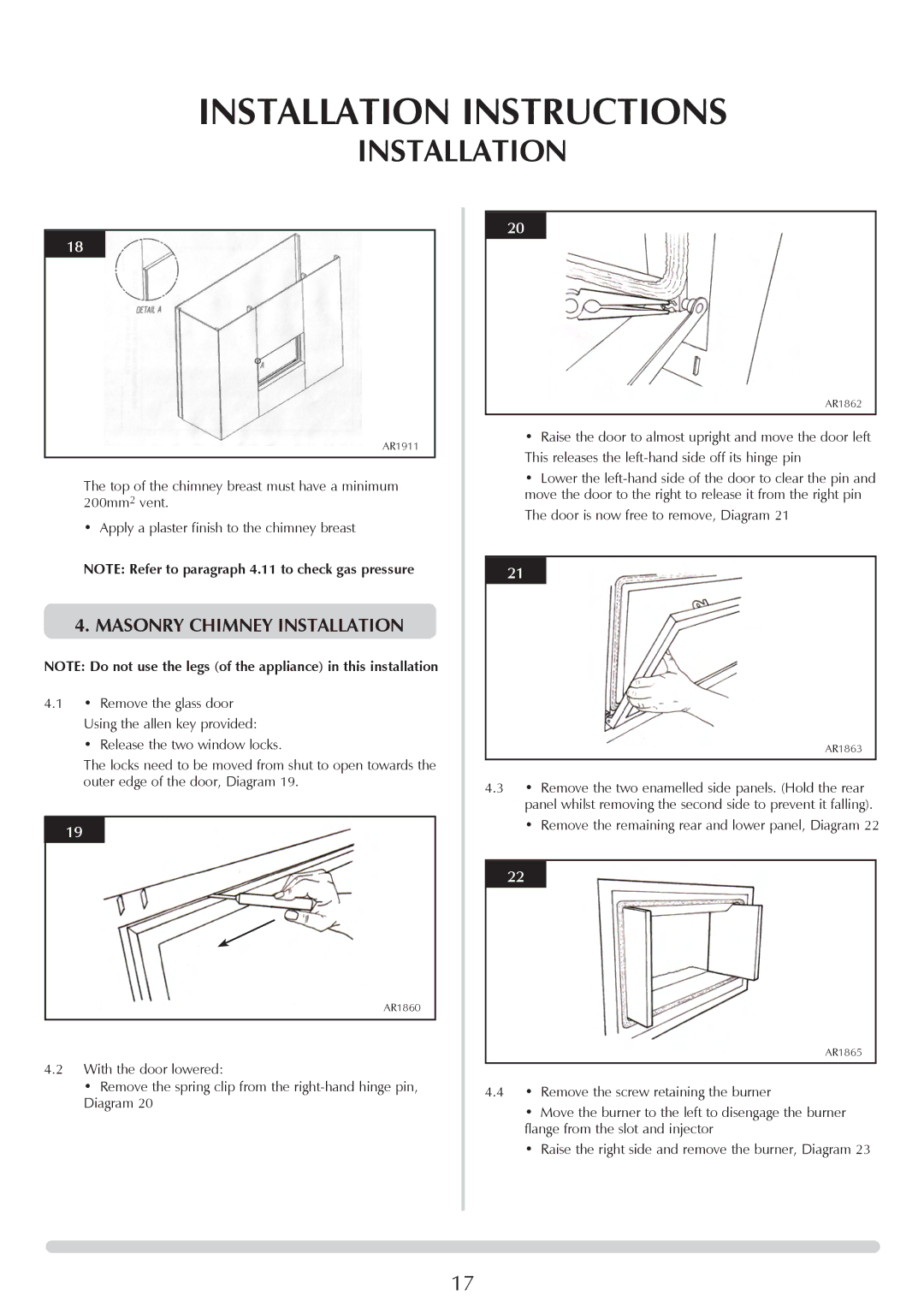 Stovax P8701CFCHEC, P8700CFCHEC manual Masonry chimney Installation, Door is now free to remove, Diagram 